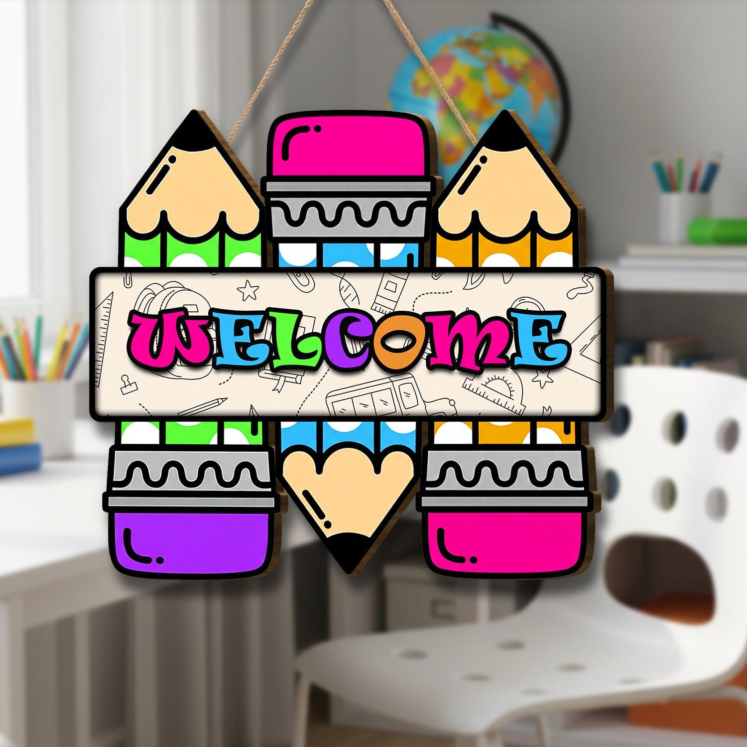 Custom Colorful Pencil Welcome Sign – Cute Classroom Door Hanger for Teachers, Back to School Decor for Preschool, Elementary, or Art Rooms