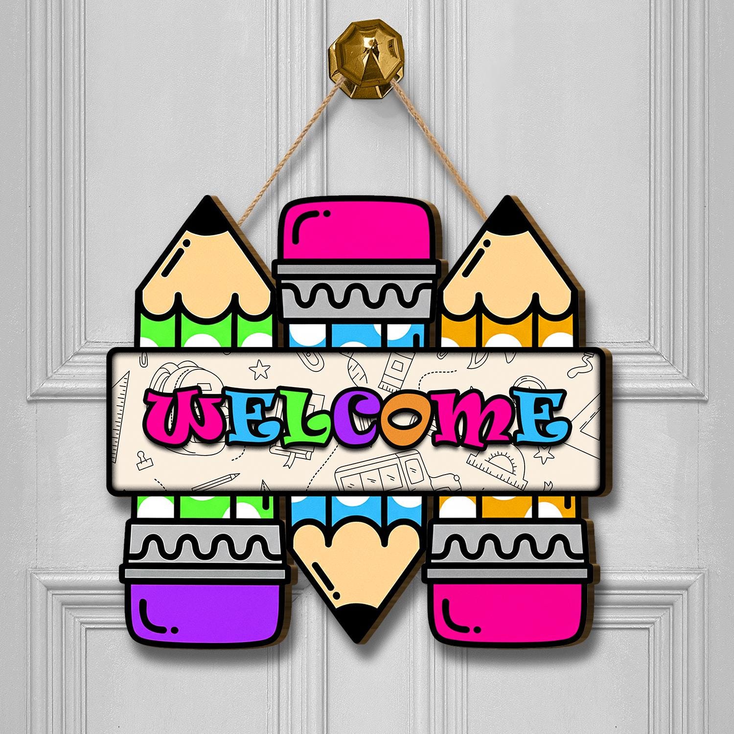 Custom Colorful Pencil Welcome Sign – Cute Classroom Door Hanger for Teachers, Back to School Decor for Preschool, Elementary, or Art Rooms