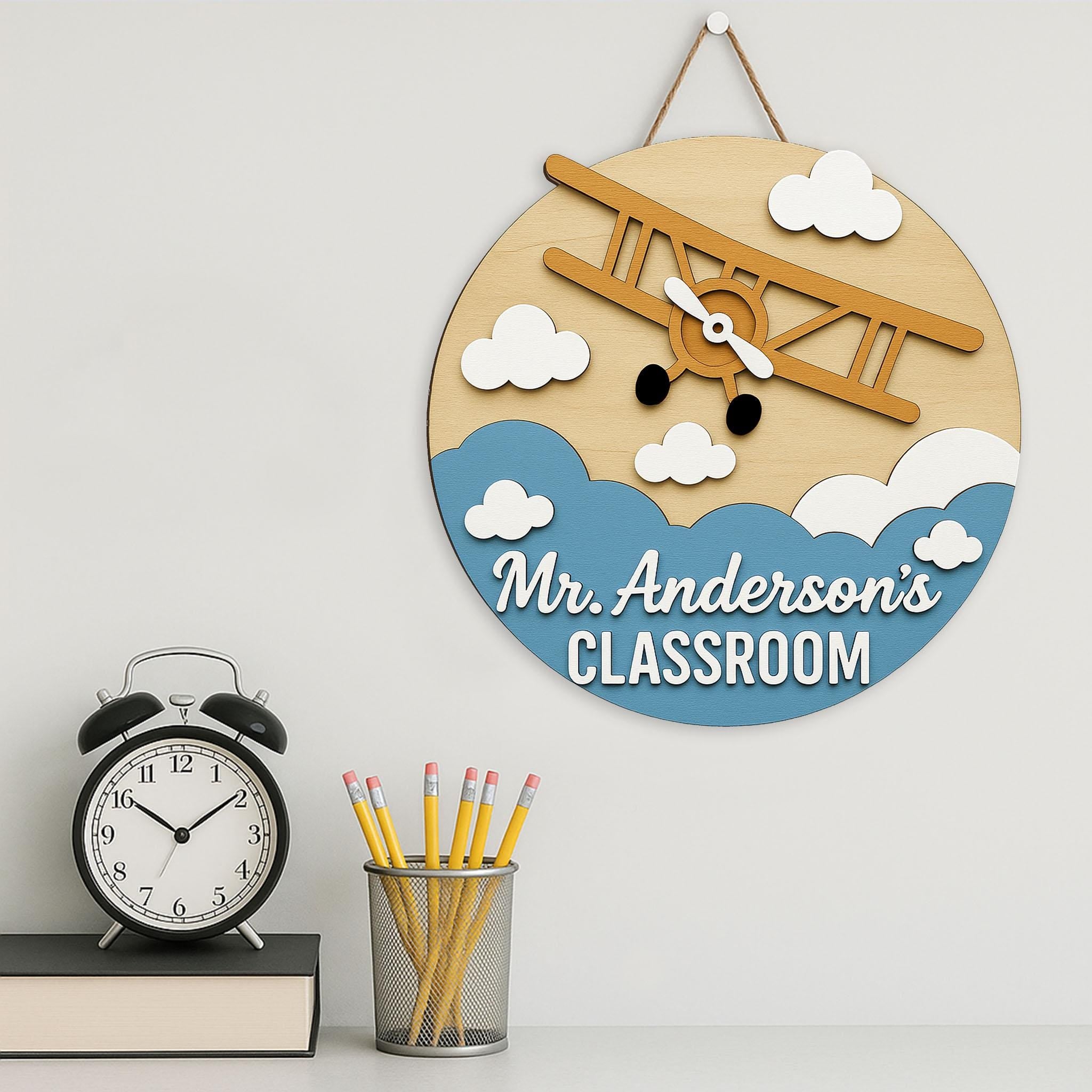 Custom Classroom Wooden Sign, Classroom Plane Theme Door Hanger, Personalized Teacher Name Sign, Back to School Decor