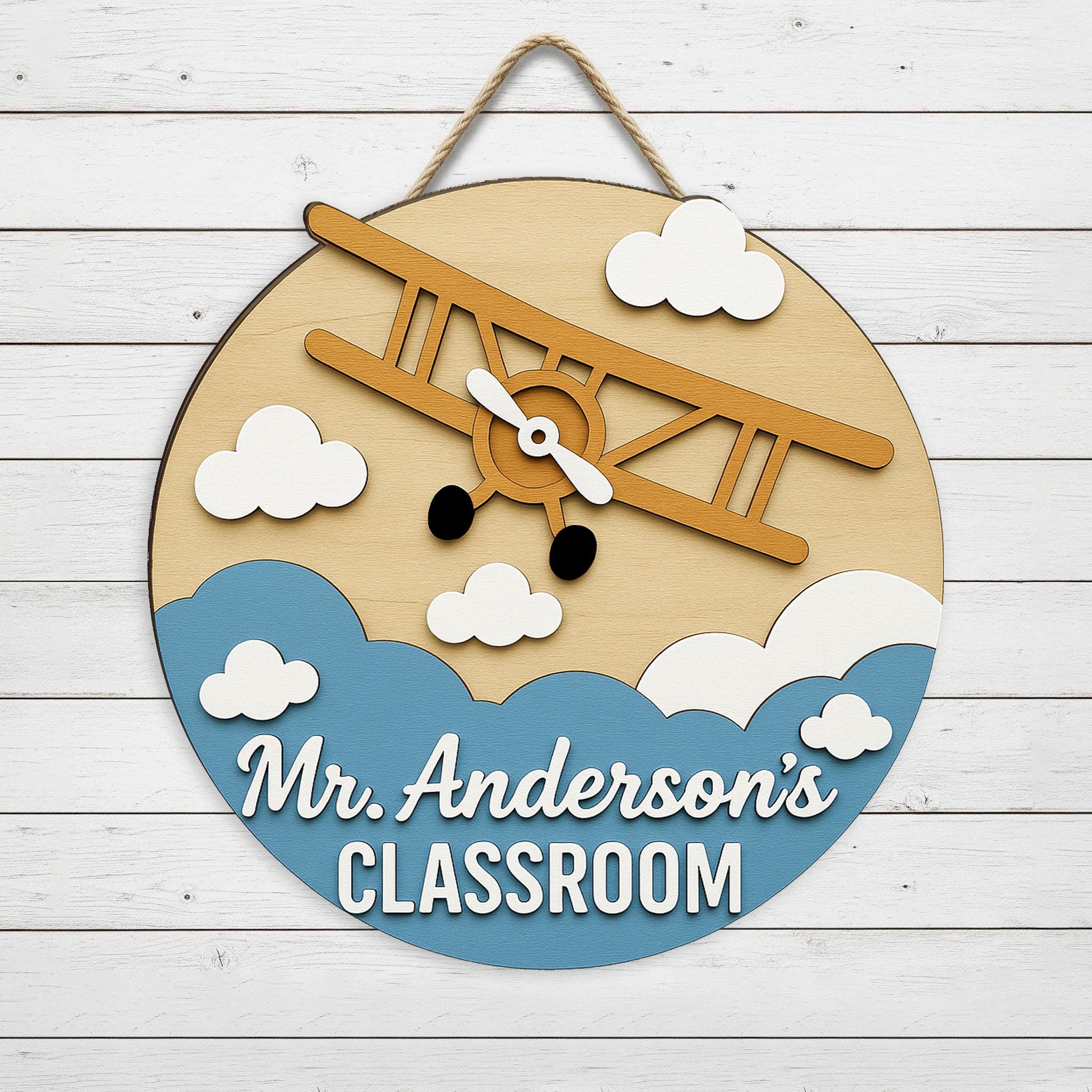 Custom Classroom Wooden Sign, Classroom Plane Theme Door Hanger, Personalized Teacher Name Sign, Back to School Decor