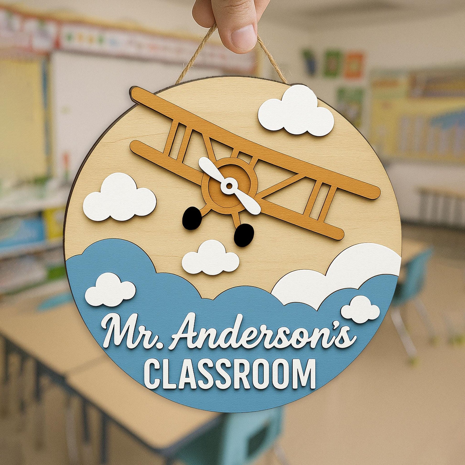 Custom Classroom Wooden Sign, Classroom Plane Theme Door Hanger, Personalized Teacher Name Sign, Back to School Decor