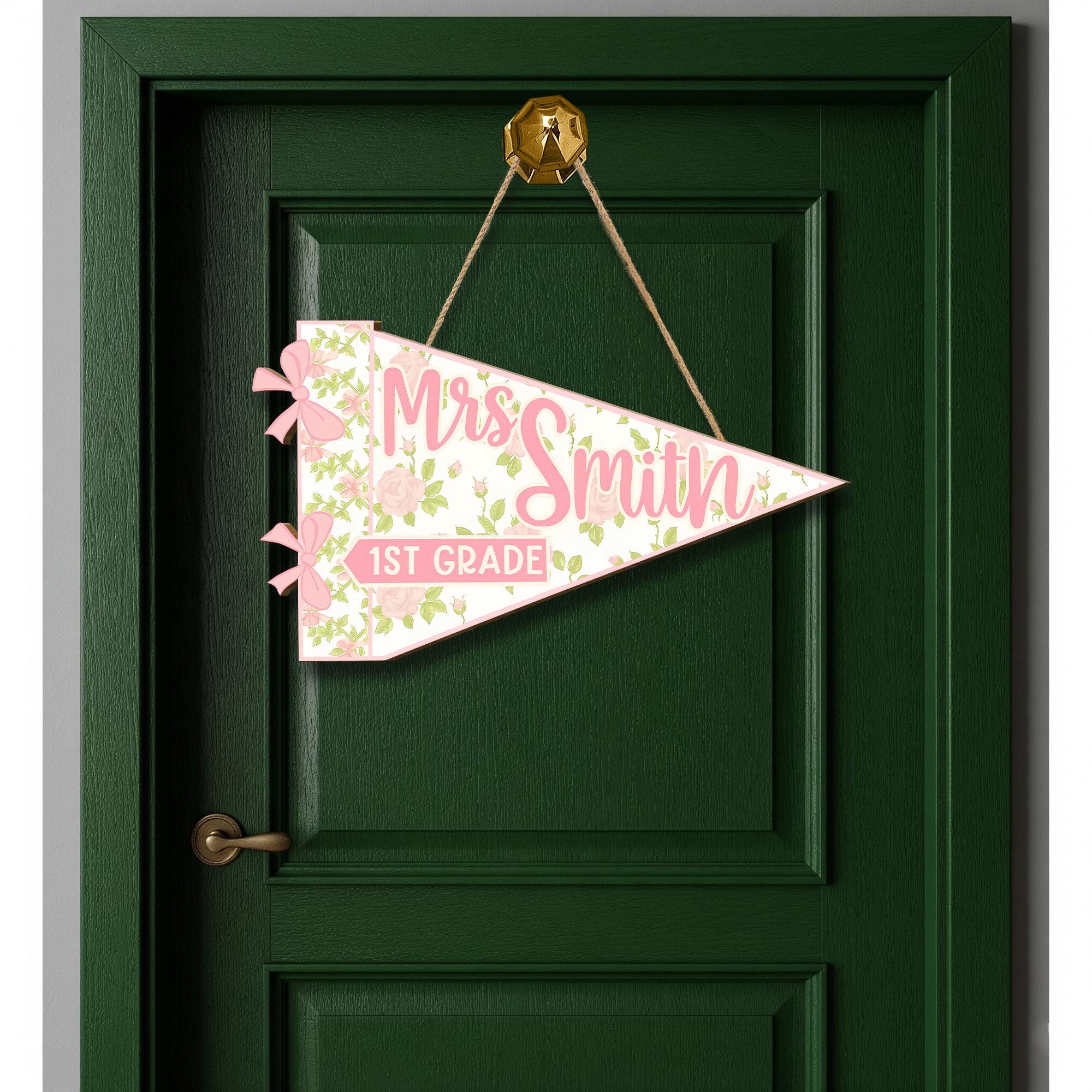 Custom Coquette Teacher Wooden Door Sign – Pink Floral Classroom Pennant custom Grade – Personalized Back to School Decor for Teachers