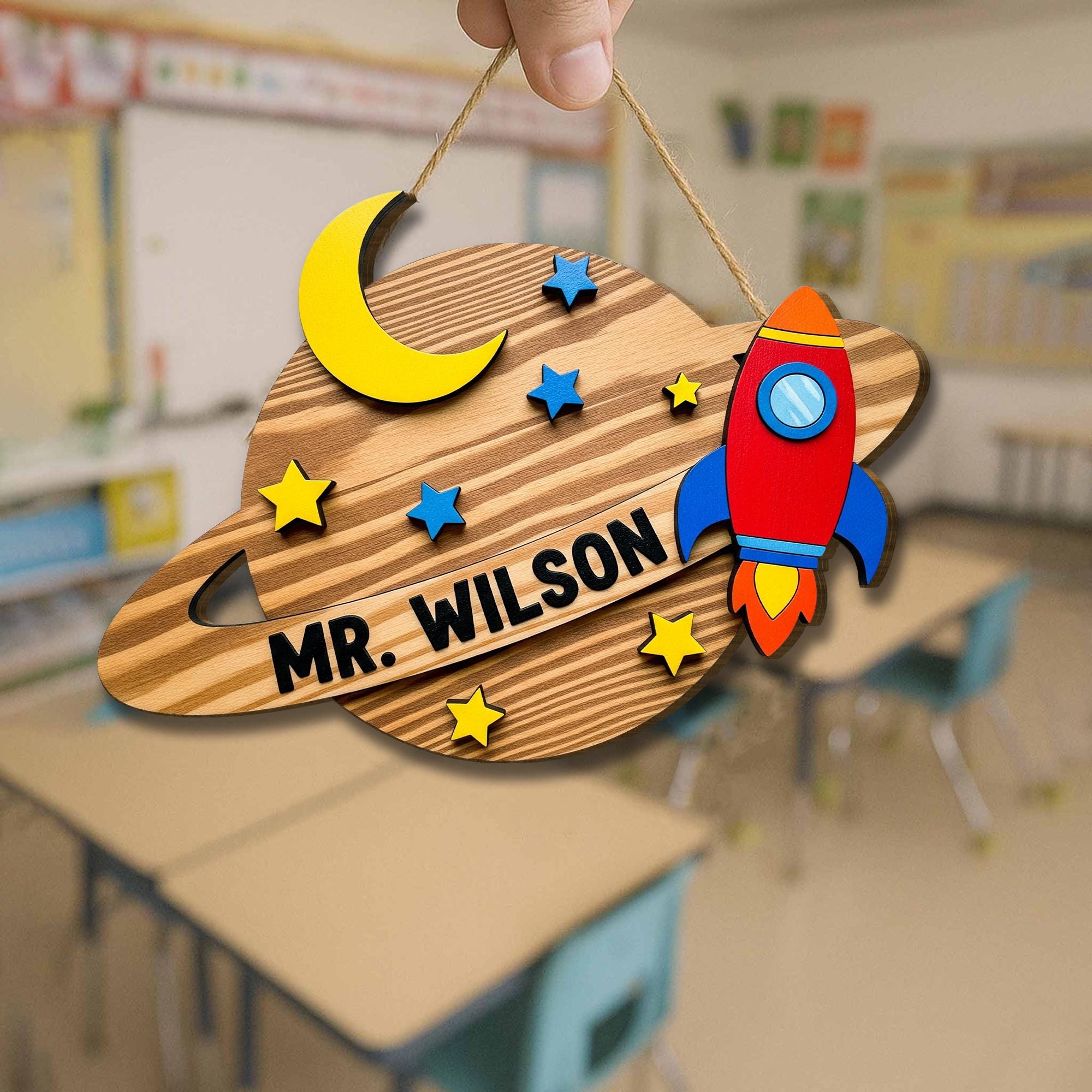 Personalized Space Theme Teacher Door Sign - Rocket & Planet Classroom Decor, Custom Name Wooden Hanger for Kids or School, Teacher Wall Art