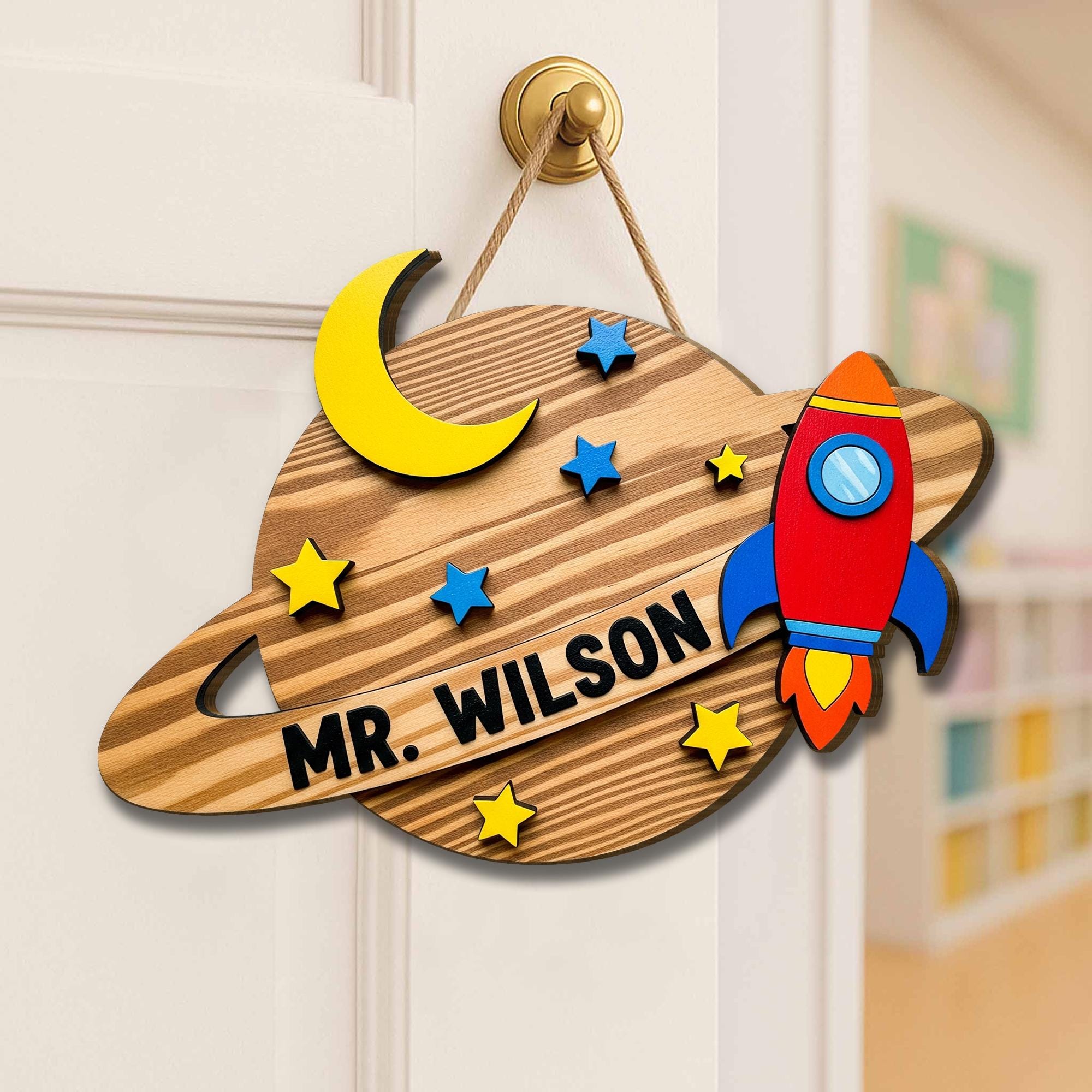 Personalized Space Theme Teacher Door Sign - Rocket & Planet Classroom Decor, Custom Name Wooden Hanger for Kids or School, Teacher Wall Art