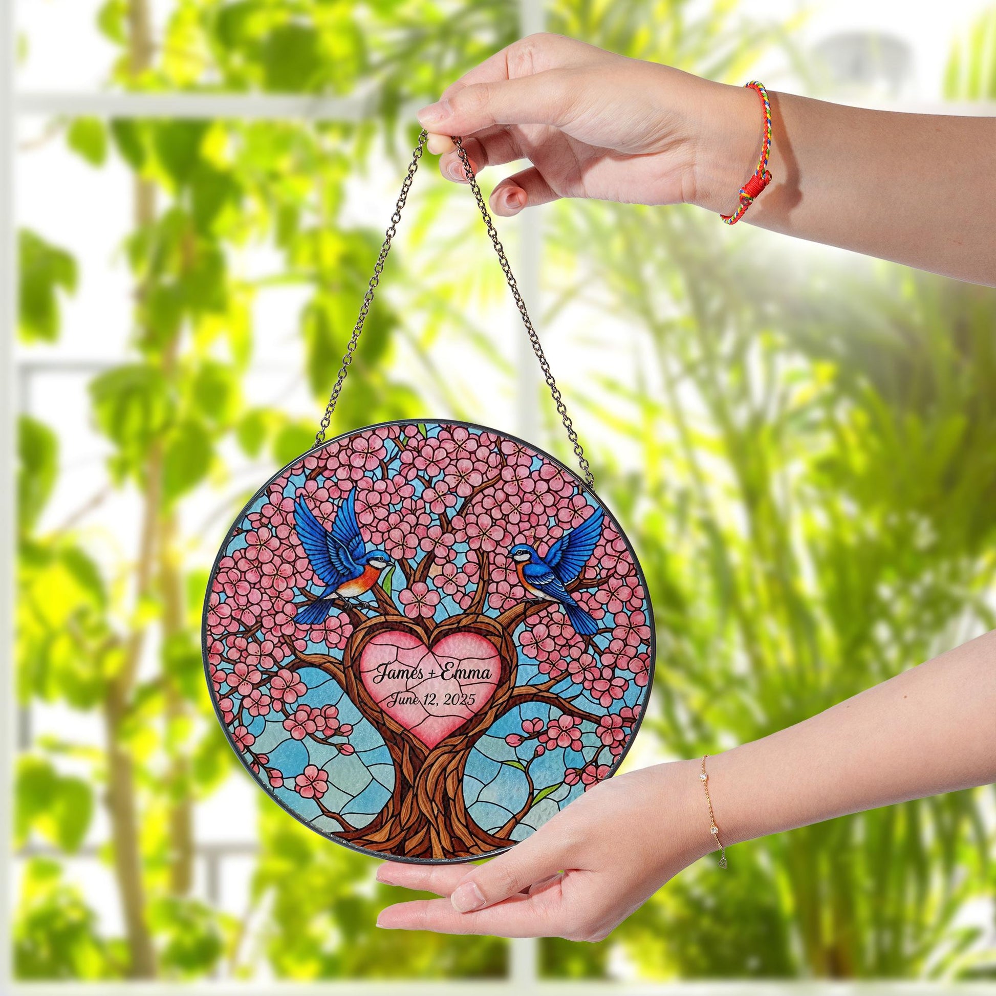 Custom Anniversary Suncatcher, Personalized Glass Tree of Love, Bluebird Wedding Gift, Couple Name & Date Keepsake