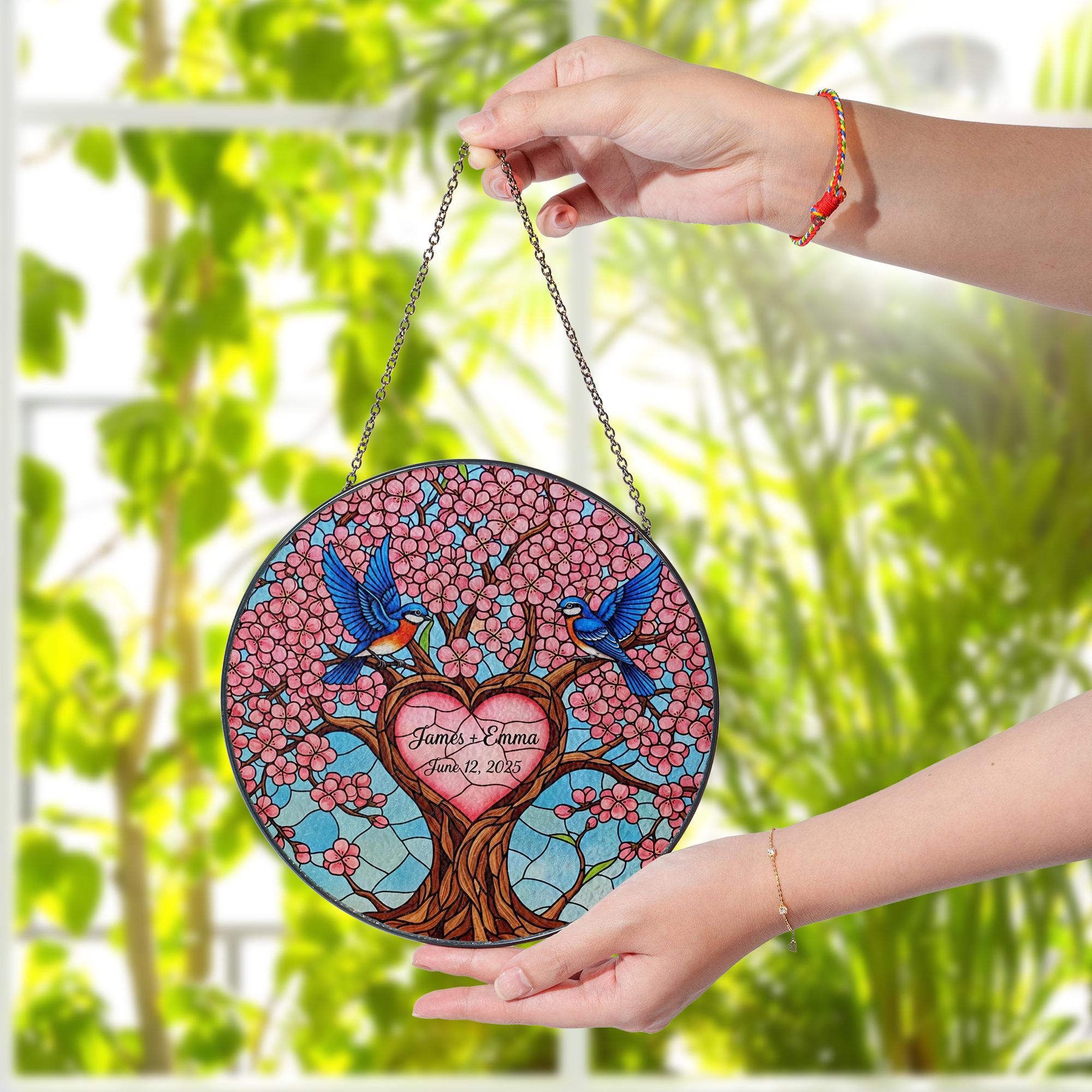 Custom Anniversary Suncatcher, Personalized Glass Tree of Love, Bluebird Wedding Gift, Couple Name & Date Keepsake