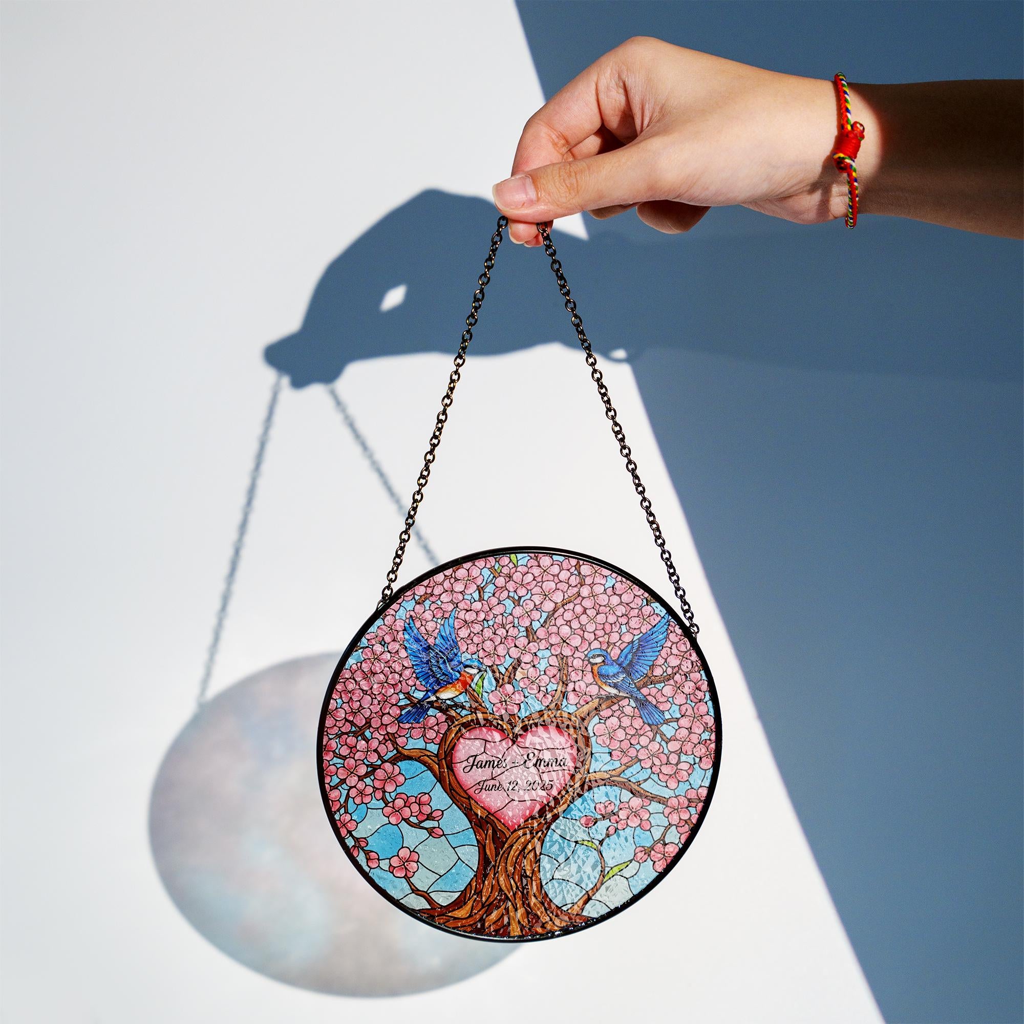 Custom Anniversary Suncatcher, Personalized Glass Tree of Love, Bluebird Wedding Gift, Couple Name & Date Keepsake