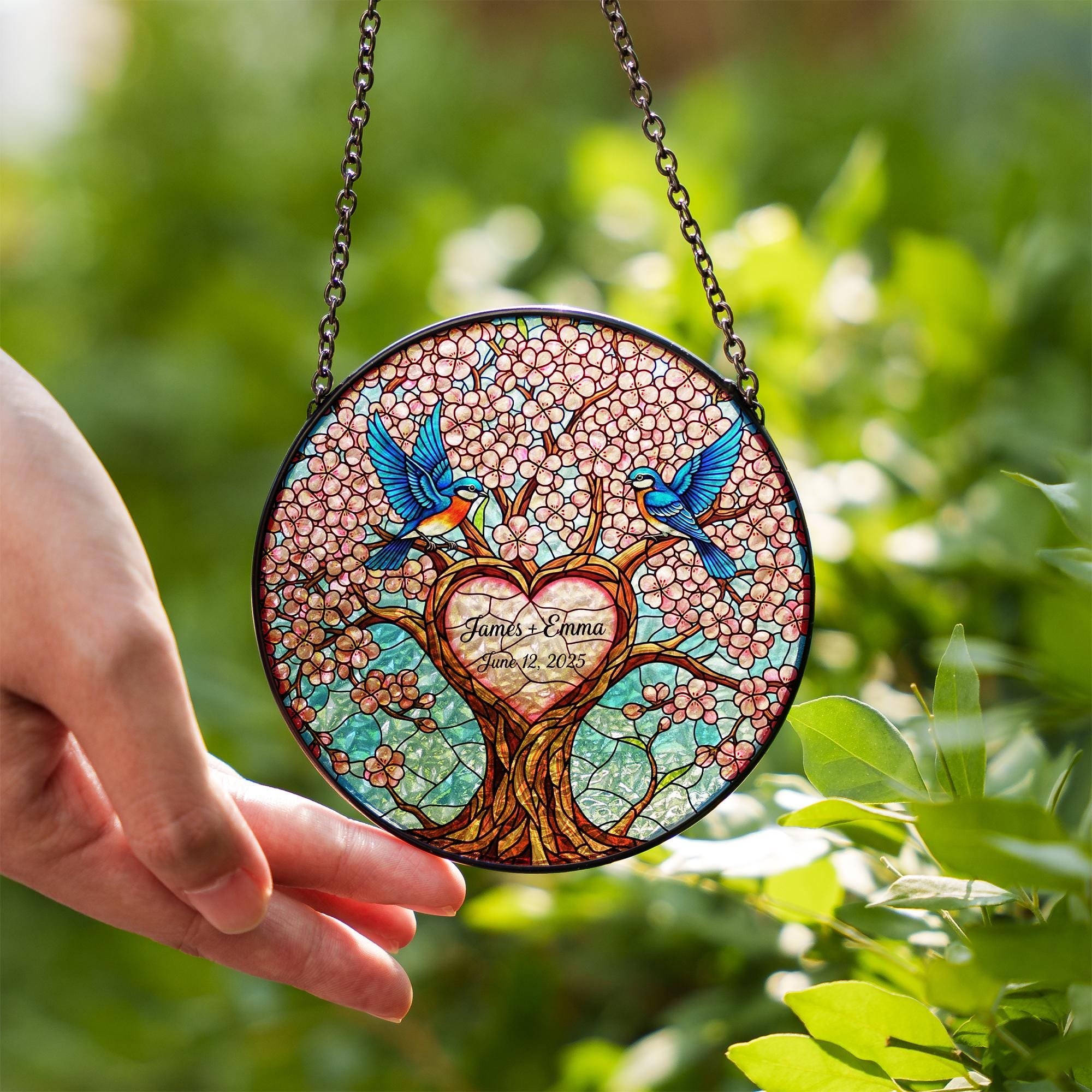 Custom Anniversary Suncatcher, Personalized Glass Tree of Love, Bluebird Wedding Gift, Couple Name & Date Keepsake