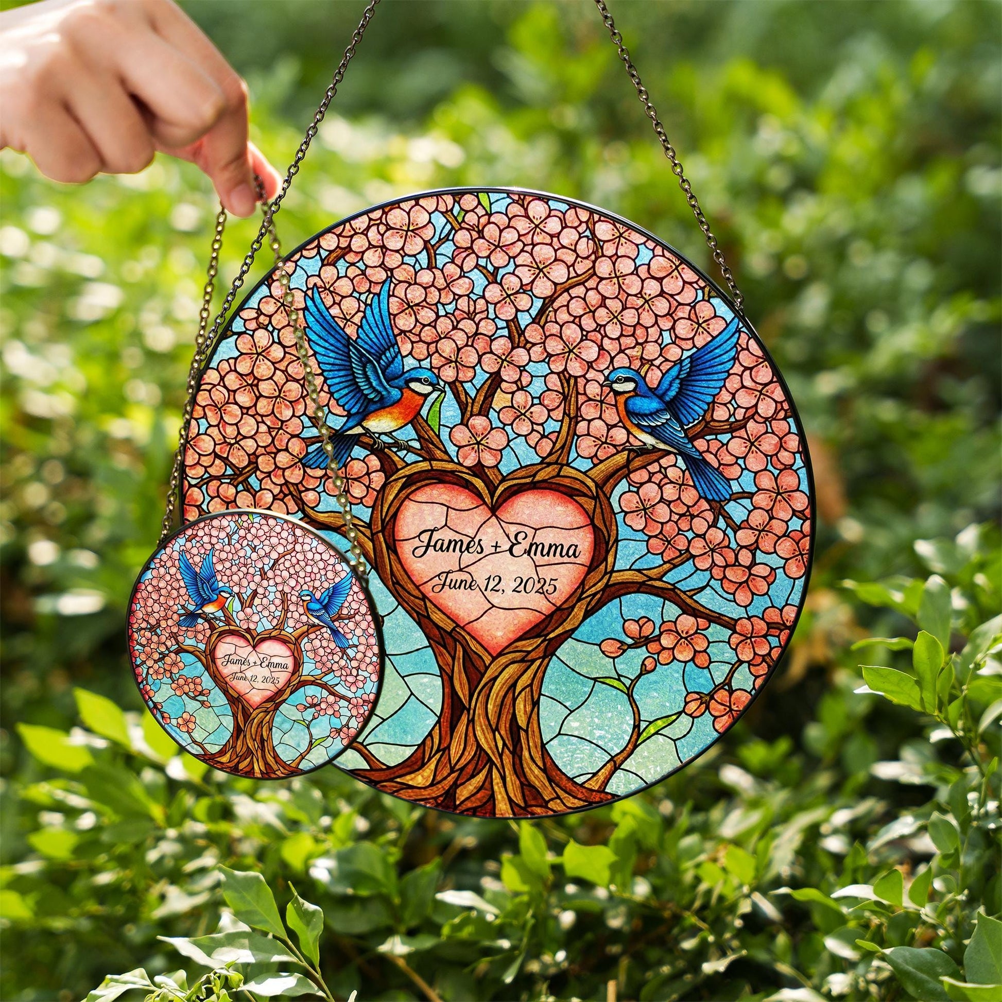 Custom Anniversary Suncatcher, Personalized Glass Tree of Love, Bluebird Wedding Gift, Couple Name & Date Keepsake