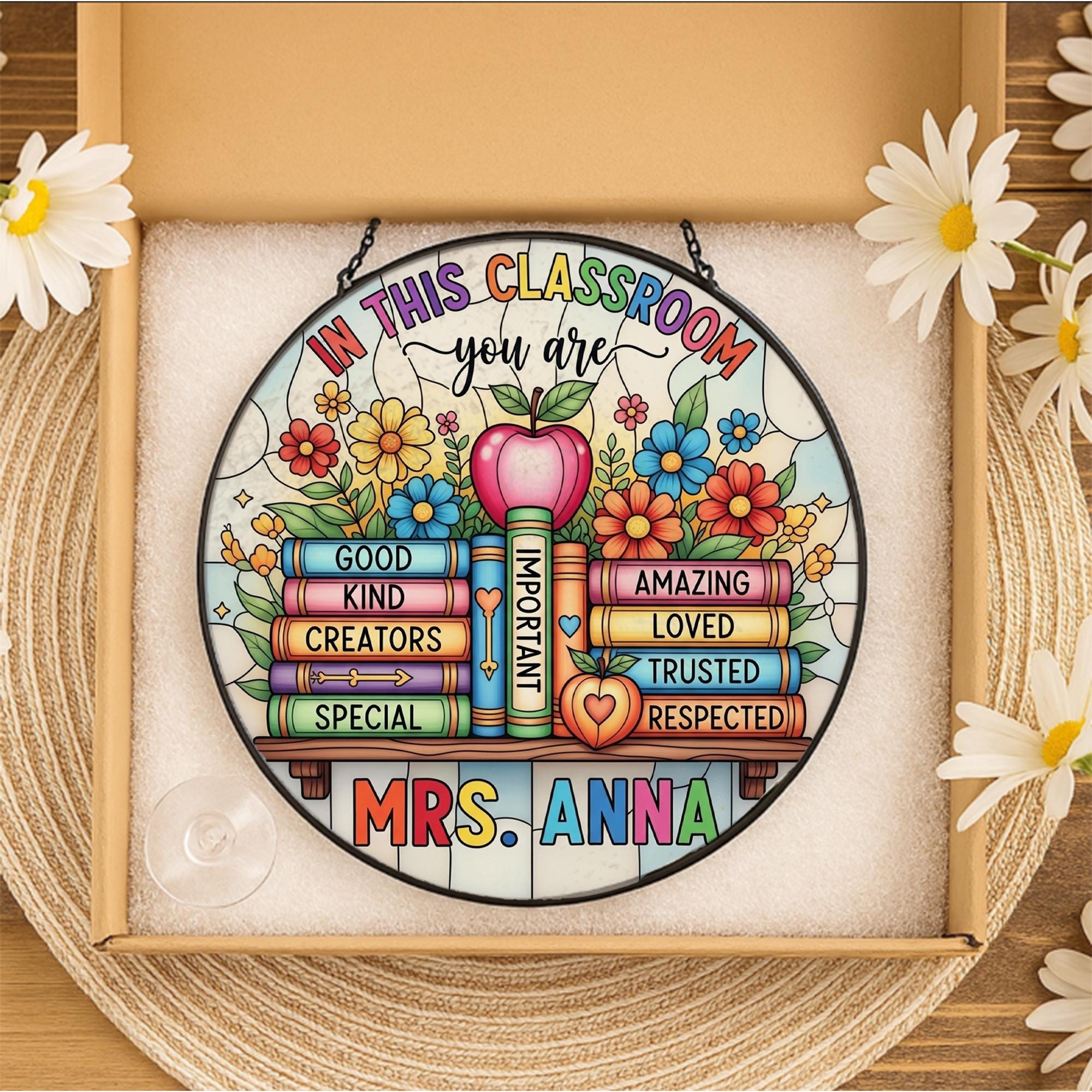 Custom Classroom Suncatcher, Teacher Name Glass Sign, Inspirational Stained Window Decor, Back to School Teacher Gift