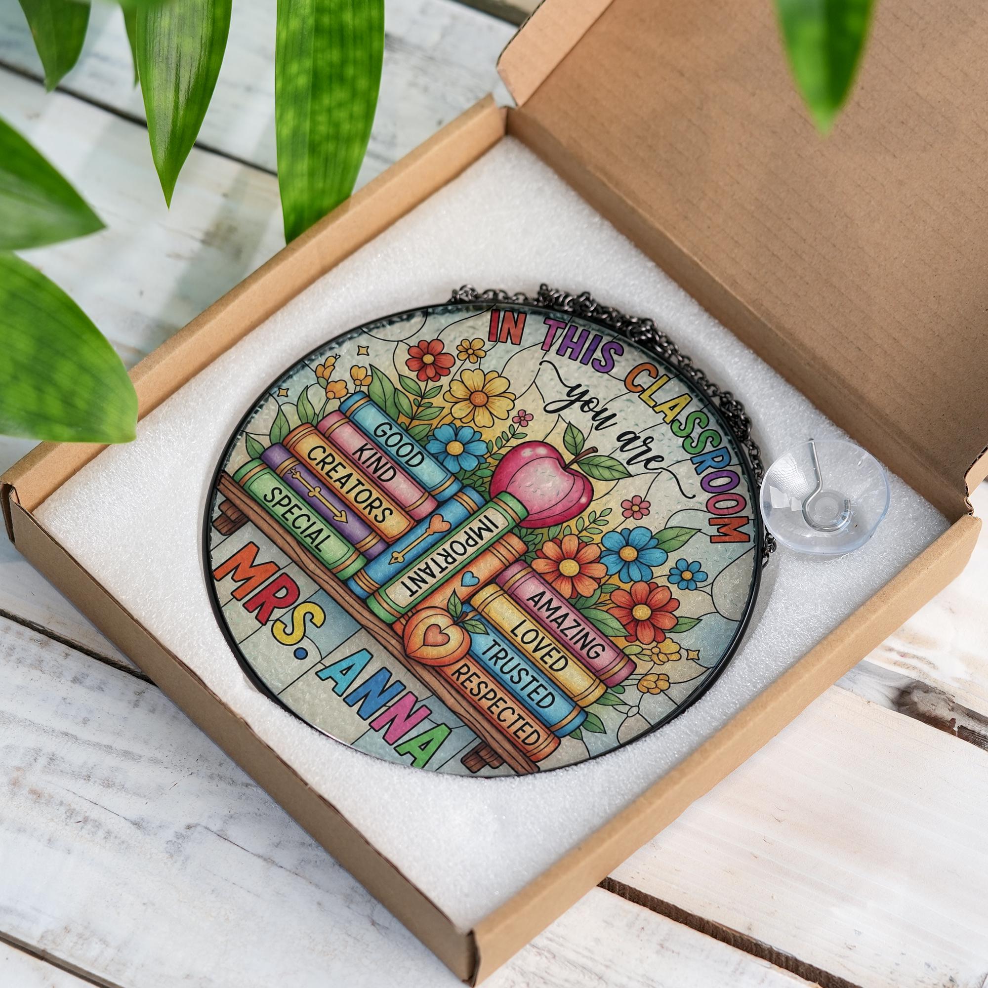 Custom Classroom Suncatcher, Teacher Name Glass Sign, Inspirational Stained Window Decor, Back to School Teacher Gift