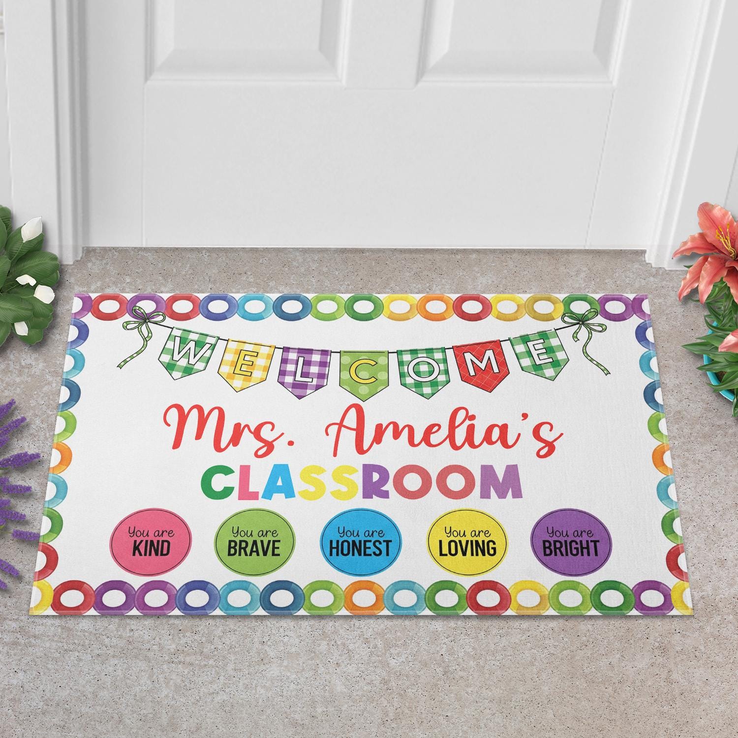 Personalized Classroom Welcome Mat – Custom Teacher Rug with Rainbow Colors – Cute Back to School Door Decor for Educators, Teachers, Staffs