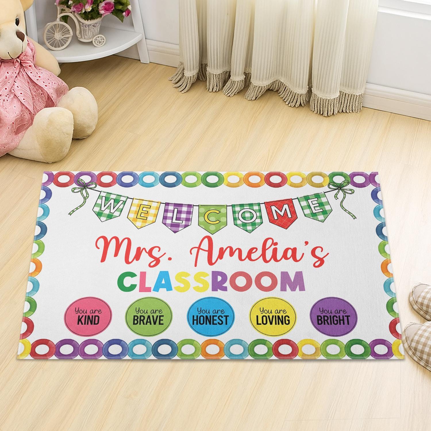 Personalized Classroom Welcome Mat – Custom Teacher Rug with Rainbow Colors – Cute Back to School Door Decor for Educators, Teachers, Staffs