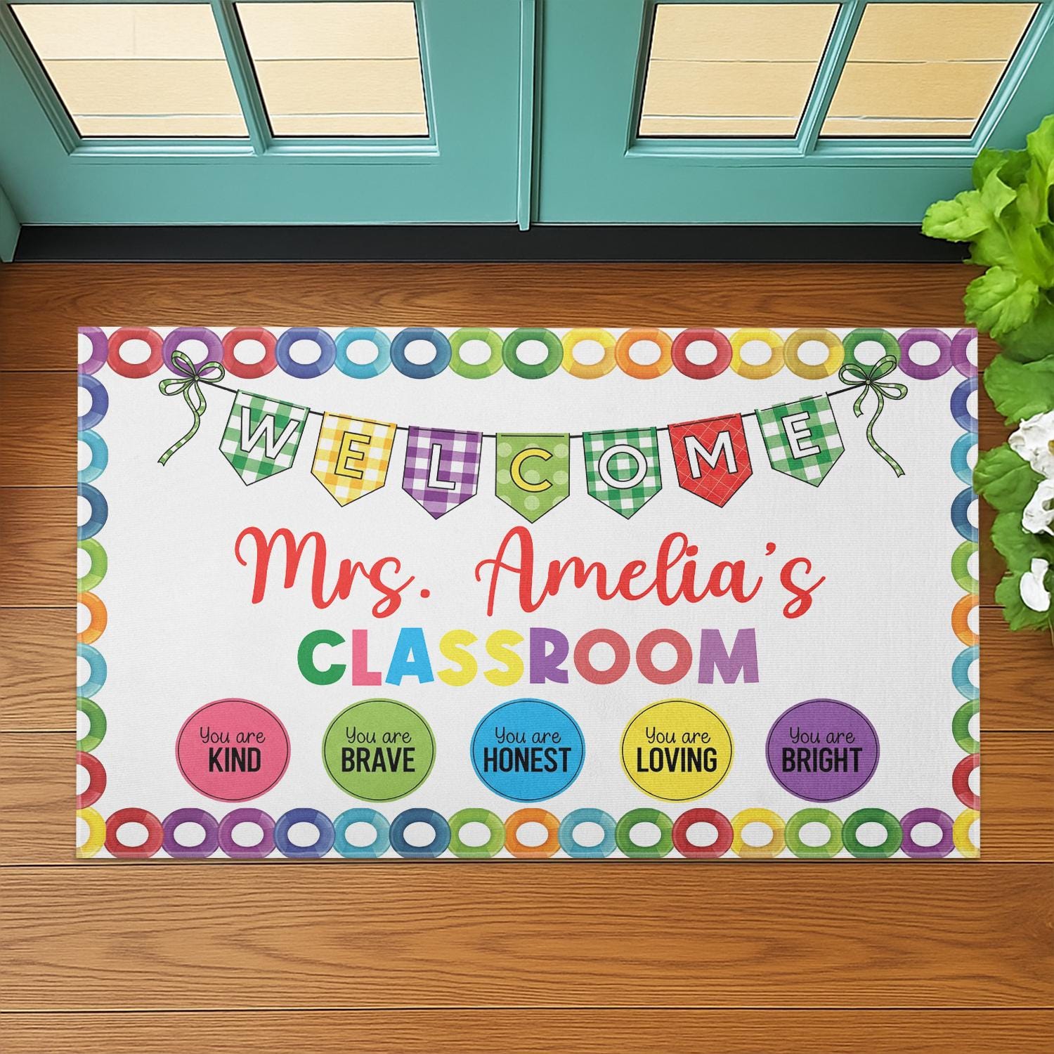 Personalized Classroom Welcome Mat – Custom Teacher Rug with Rainbow Colors – Cute Back to School Door Decor for Educators, Teachers, Staffs
