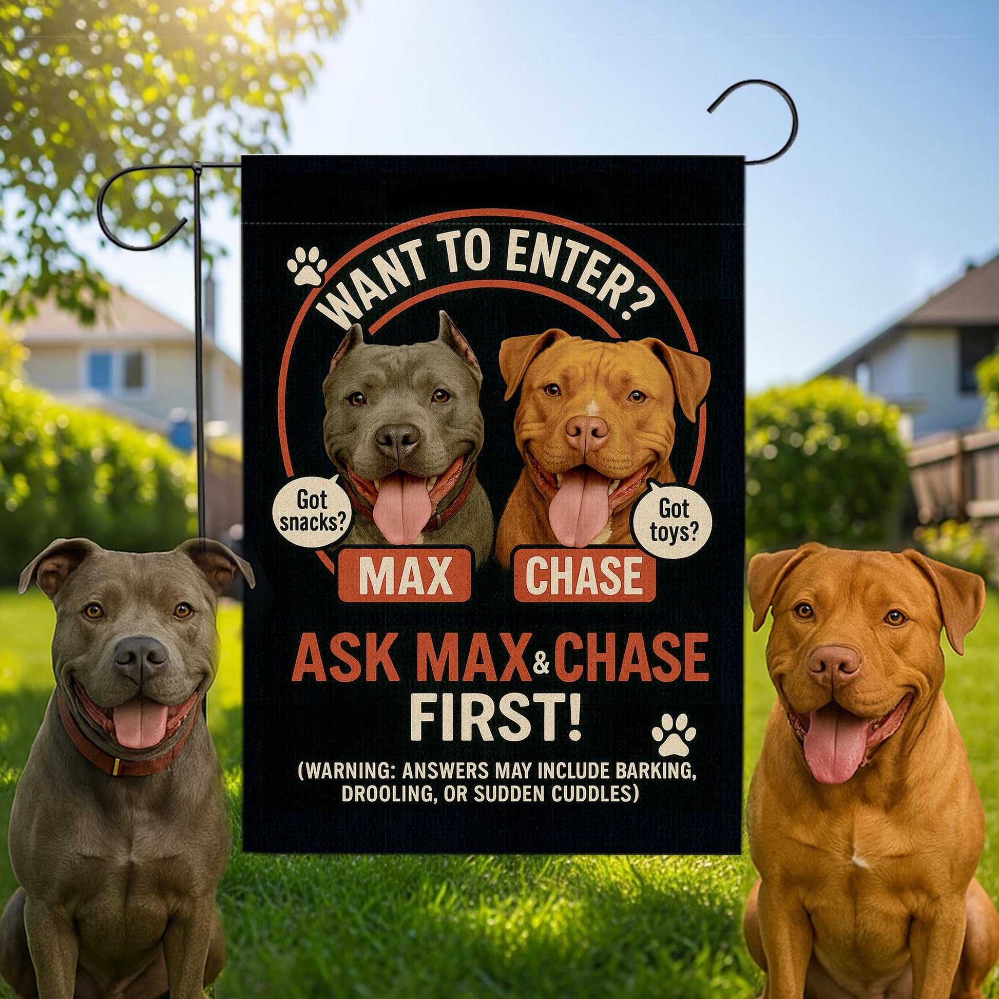 Custom Dog Garden Flag, Funny Pet Yard Sign, Ask Max & Chase First, Personalized Dog Decor, Outdoor Gift for Dog Lovers