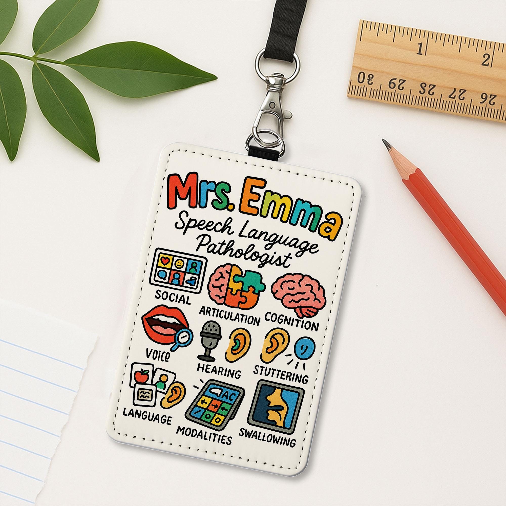 Personalized Speech Language Pathologist Badge Holder, SLP ID Card, Colorful Lanyard Tag, Therapist Gift, AAC Speech Therapy Accessory