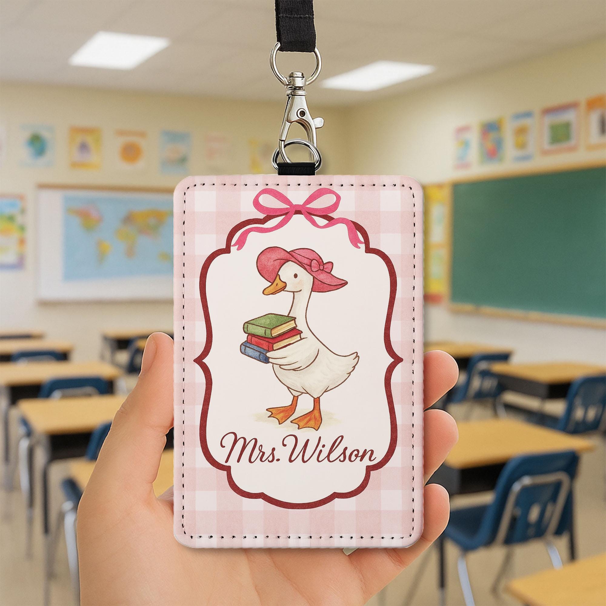 Personalized Silly Goose Teacher Badge Holder, Back to School ID Card,Cute Pink Gingham Lanyard, Funny Classroom Accessory,Teacher Gift Idea