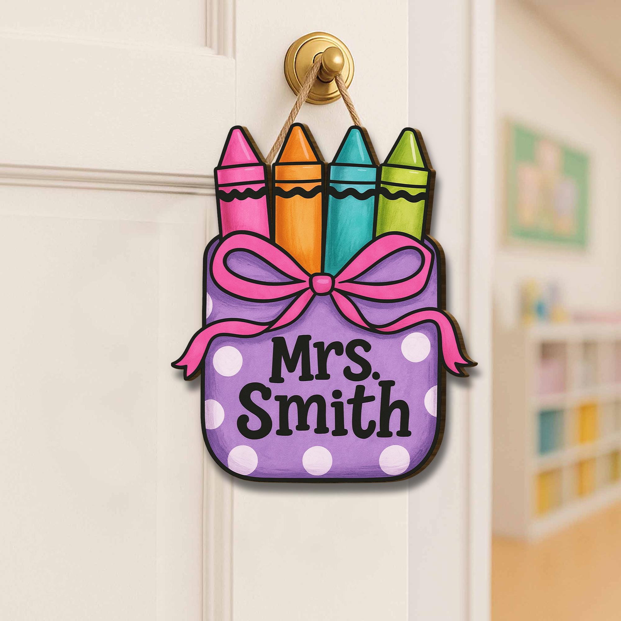 Crayon Teacher Door Sign, Custom Classroom Wooden Hanger, Polka Dot Name Plaque, Back to School Decor, Cute Teacher Gift Idea