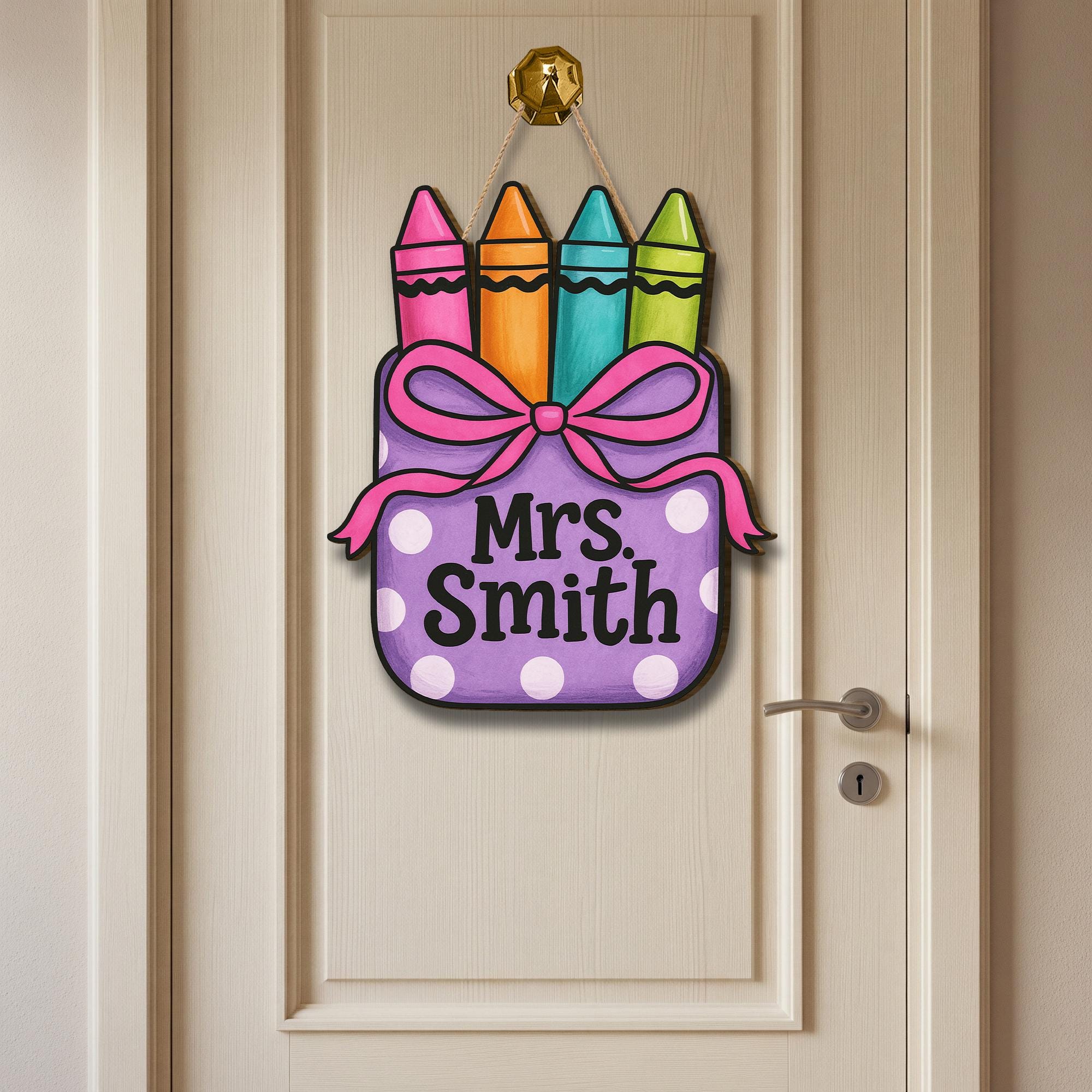 Crayon Teacher Door Sign, Custom Classroom Wooden Hanger, Polka Dot Name Plaque, Back to School Decor, Cute Teacher Gift Idea