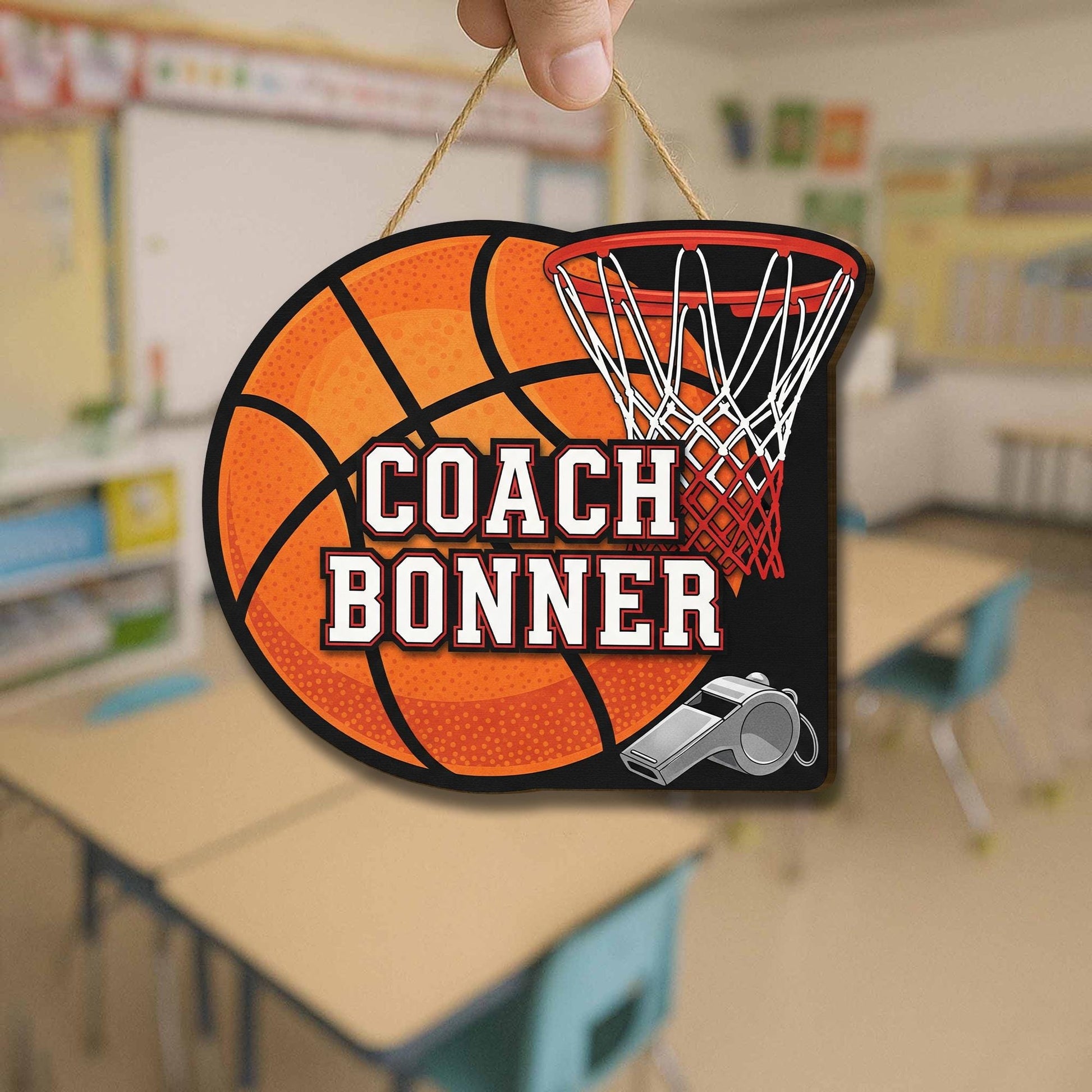 Personalized Coach Door Sign – Custom Basketball Themed Name Sign with Hoop and Whistle – Sports Decor Gift for Coaches, Sport Class Decor