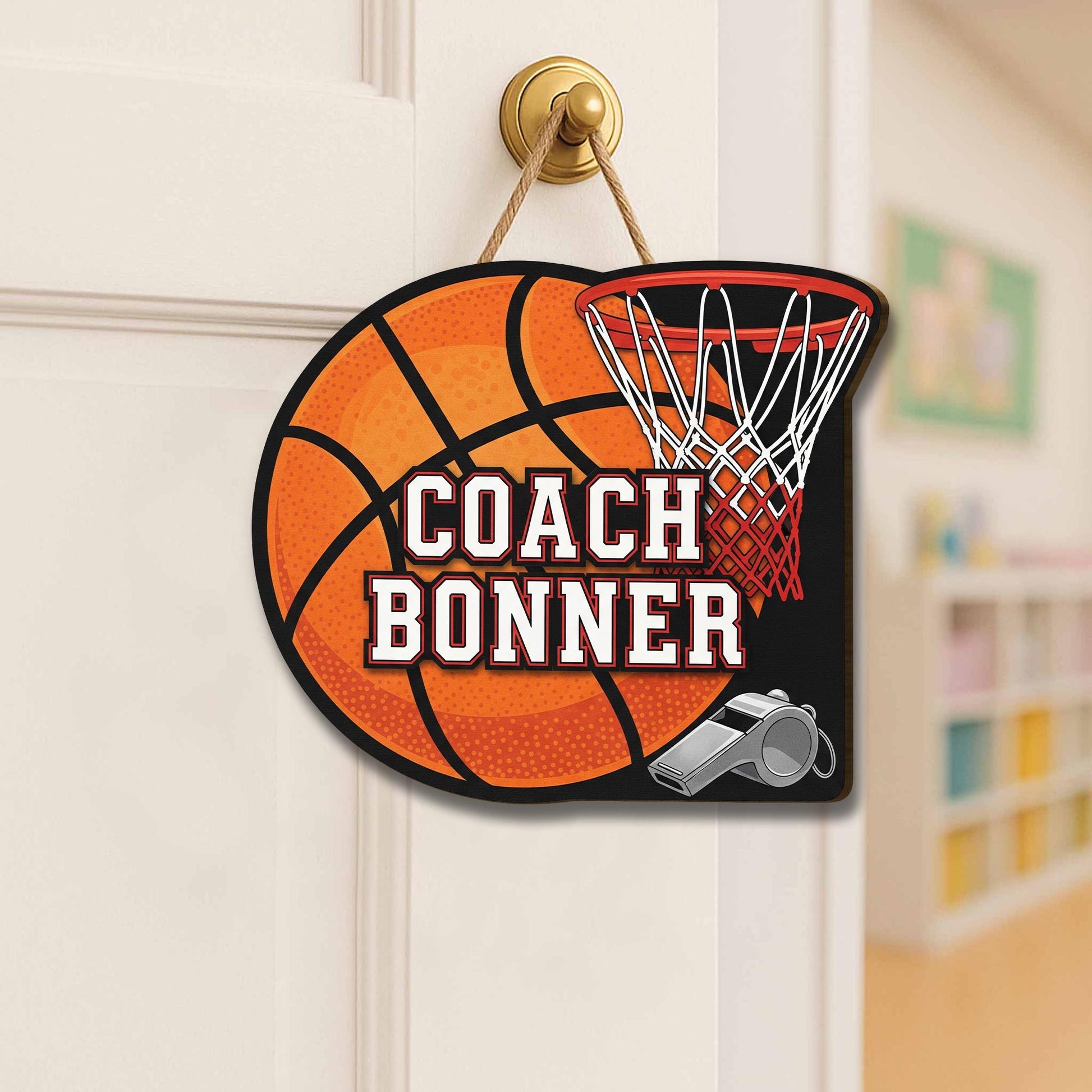 Personalized Coach Door Sign – Custom Basketball Themed Name Sign with Hoop and Whistle – Sports Decor Gift for Coaches, Sport Class Decor