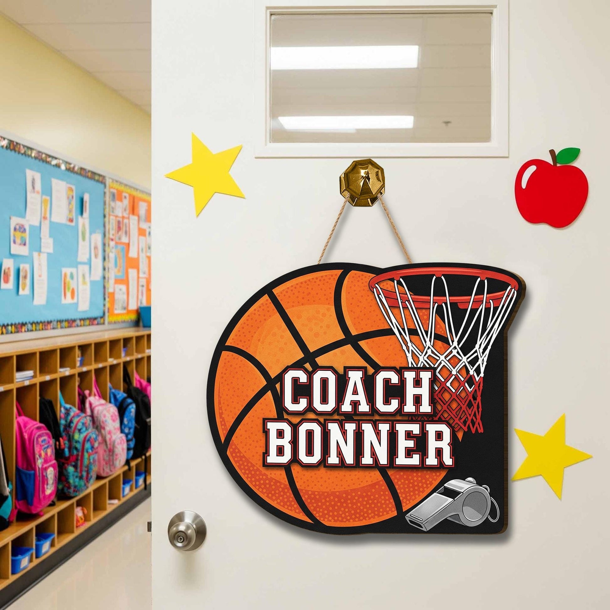 Personalized Coach Door Sign – Custom Basketball Themed Name Sign with Hoop and Whistle – Sports Decor Gift for Coaches, Sport Class Decor