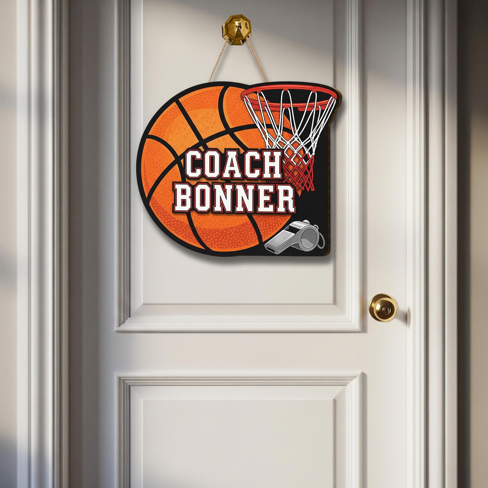Personalized Coach Door Sign – Custom Basketball Themed Name Sign with Hoop and Whistle – Sports Decor Gift for Coaches, Sport Class Decor