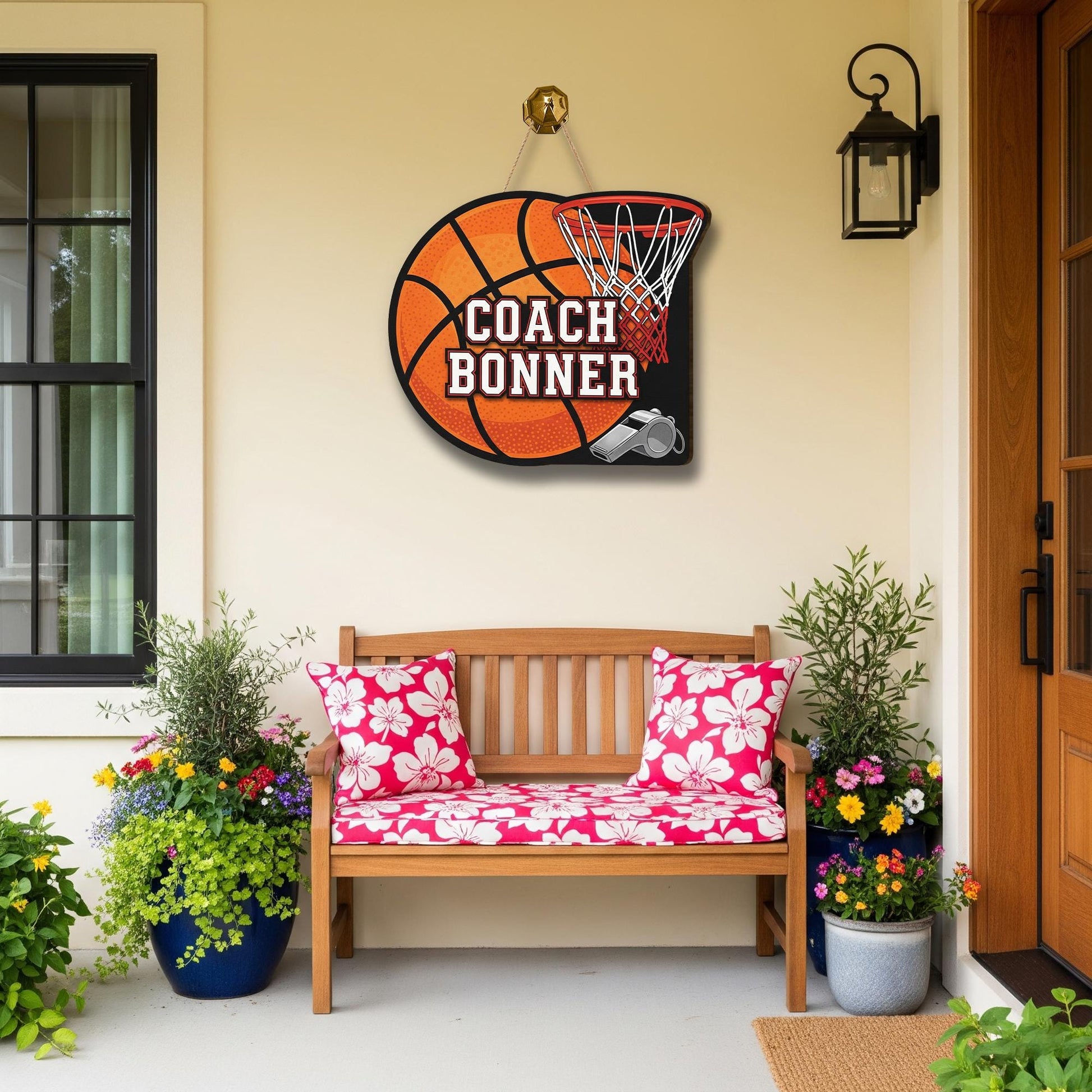 Personalized Coach Door Sign – Custom Basketball Themed Name Sign with Hoop and Whistle – Sports Decor Gift for Coaches, Sport Class Decor