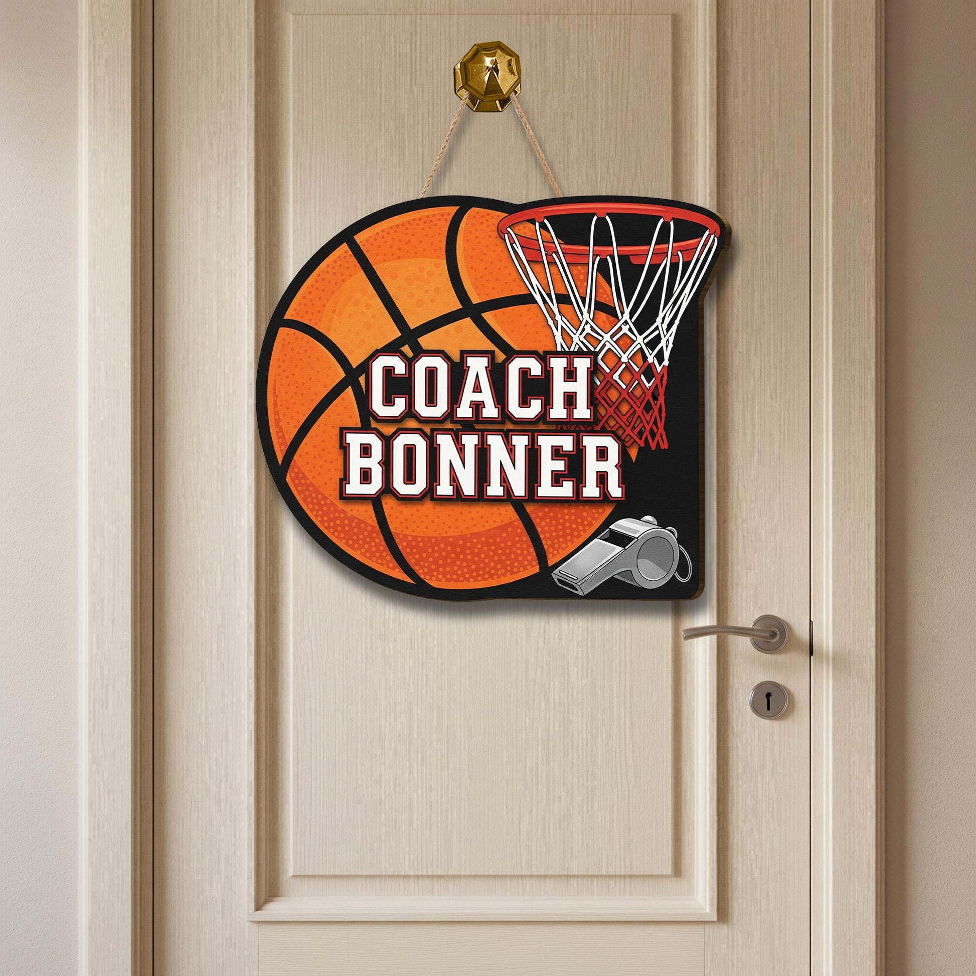 Personalized Coach Door Sign – Custom Basketball Themed Name Sign with Hoop and Whistle – Sports Decor Gift for Coaches, Sport Class Decor