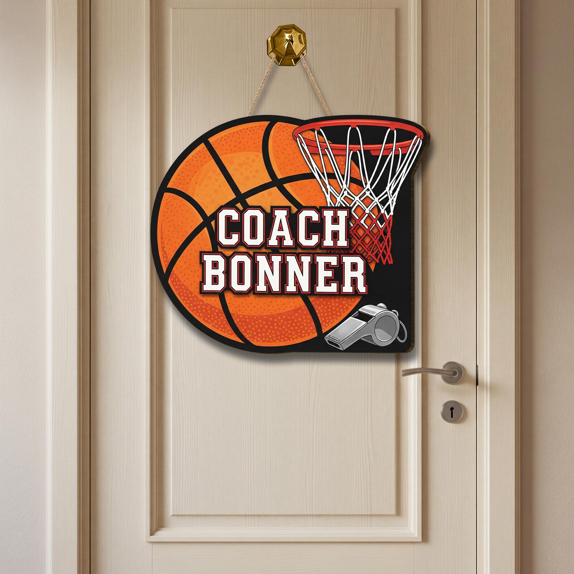 Personalized Coach Door Sign – Custom Basketball Themed Name Sign with Hoop and Whistle – Sports Decor Gift for Coaches, Sport Class Decor