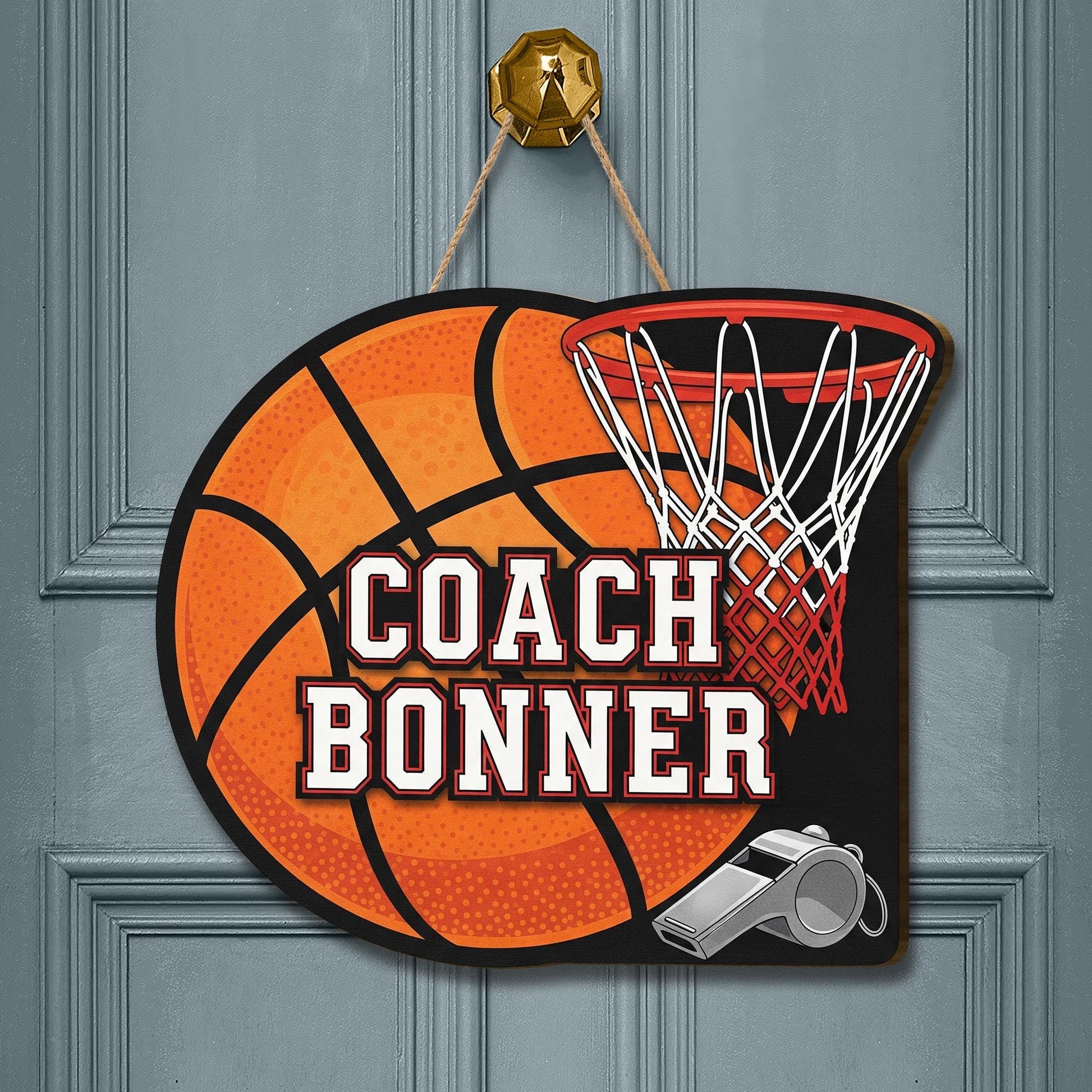 Personalized Coach Door Sign – Custom Basketball Themed Name Sign with Hoop and Whistle – Sports Decor Gift for Coaches, Sport Class Decor