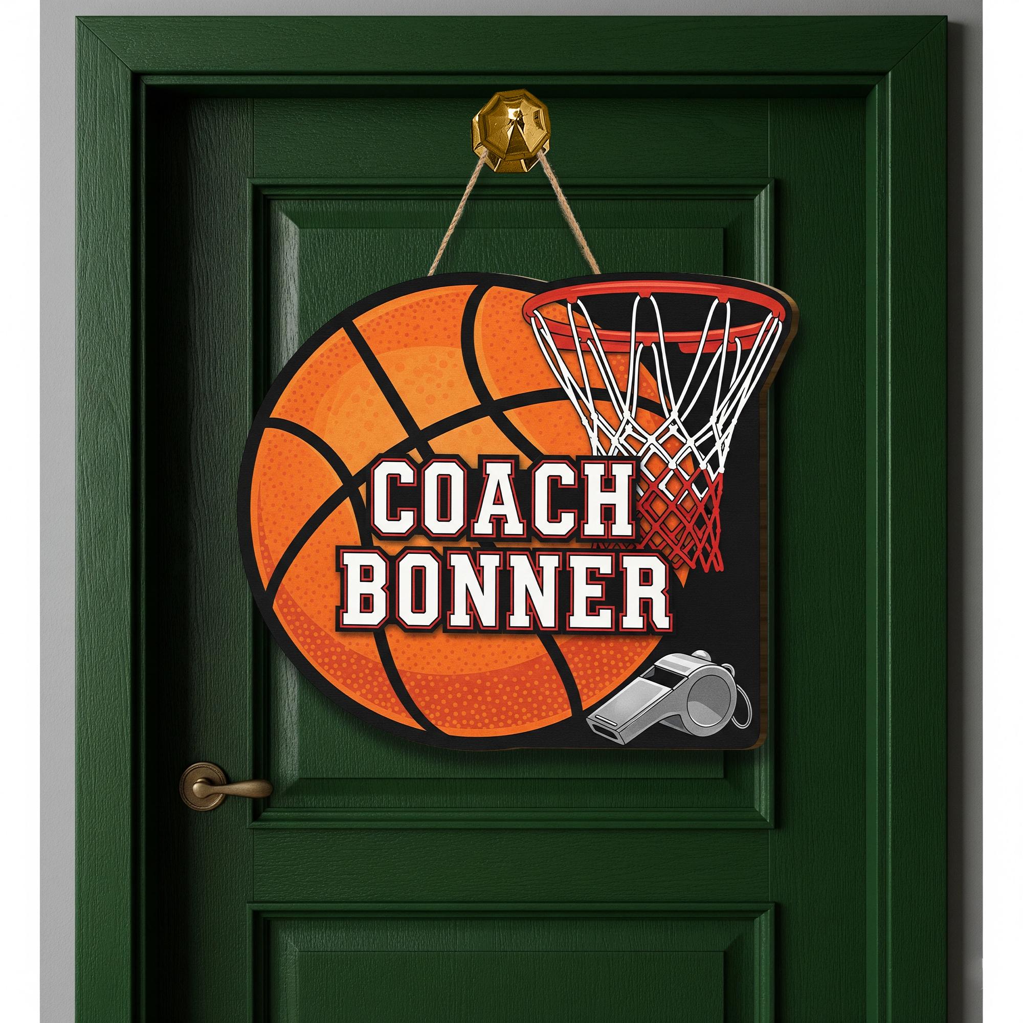 Personalized Coach Door Sign – Custom Basketball Themed Name Sign with Hoop and Whistle – Sports Decor Gift for Coaches, Sport Class Decor