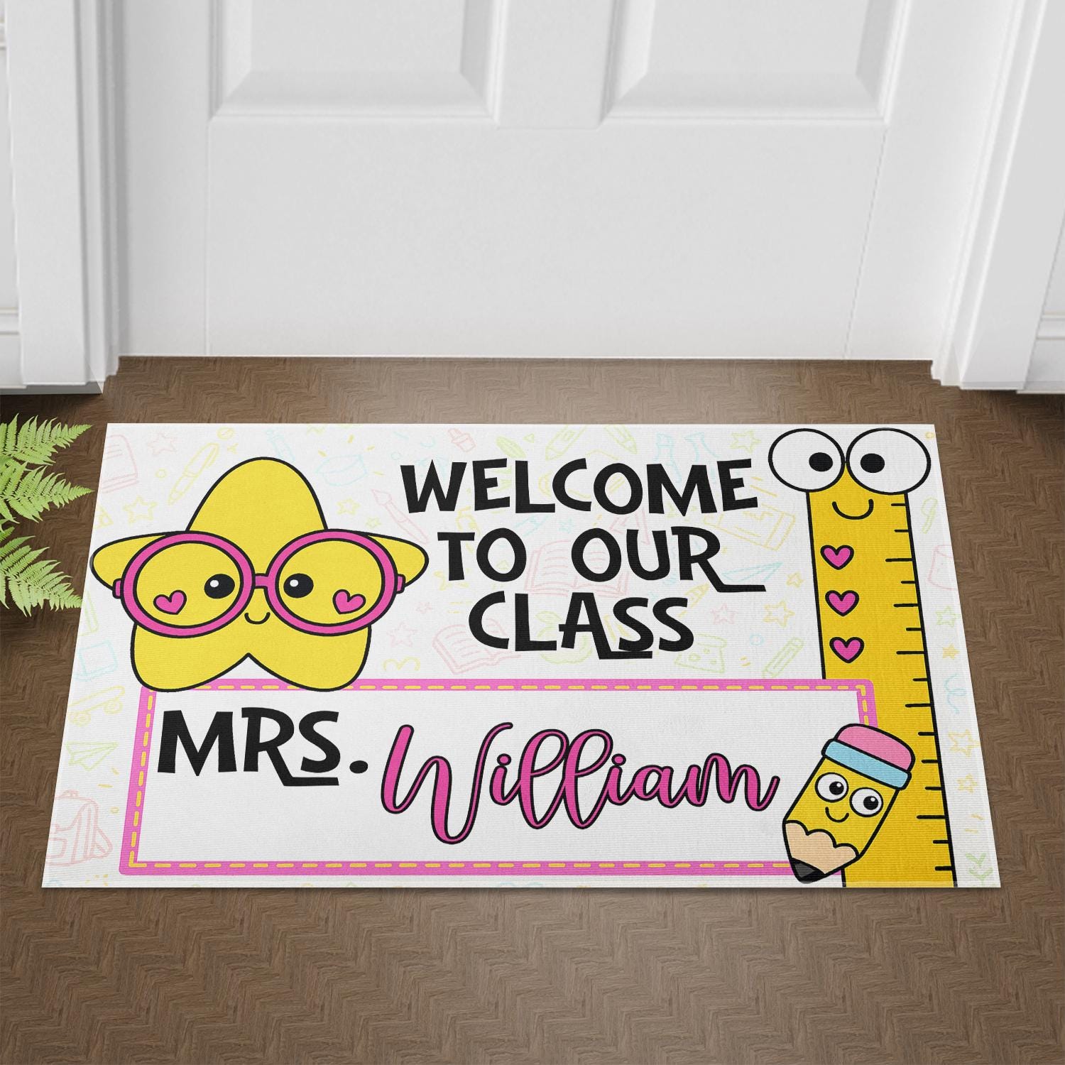 Personalized Classroom Welcome Mat – Cute Teacher Doormat with Name, Back to School Rug for Teachers, Educators, Staffs, Star & Ruler Design