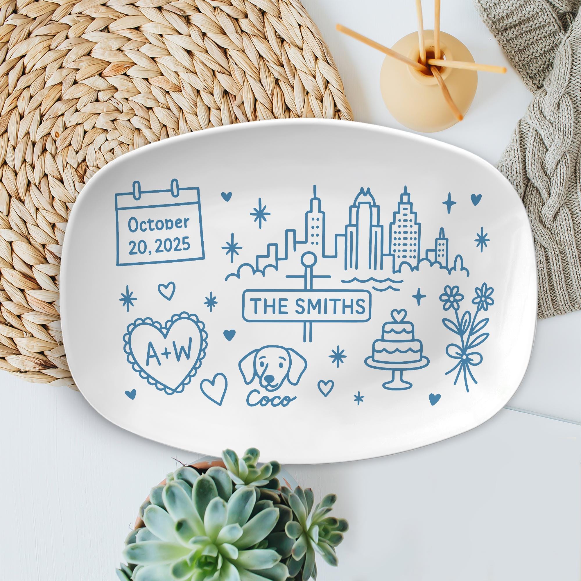 Custom City Skyline Wedding Platter, Personalized Couple Name & Dog Gift, Illustrated Anniversary Keepsake, Urban Love Decor
