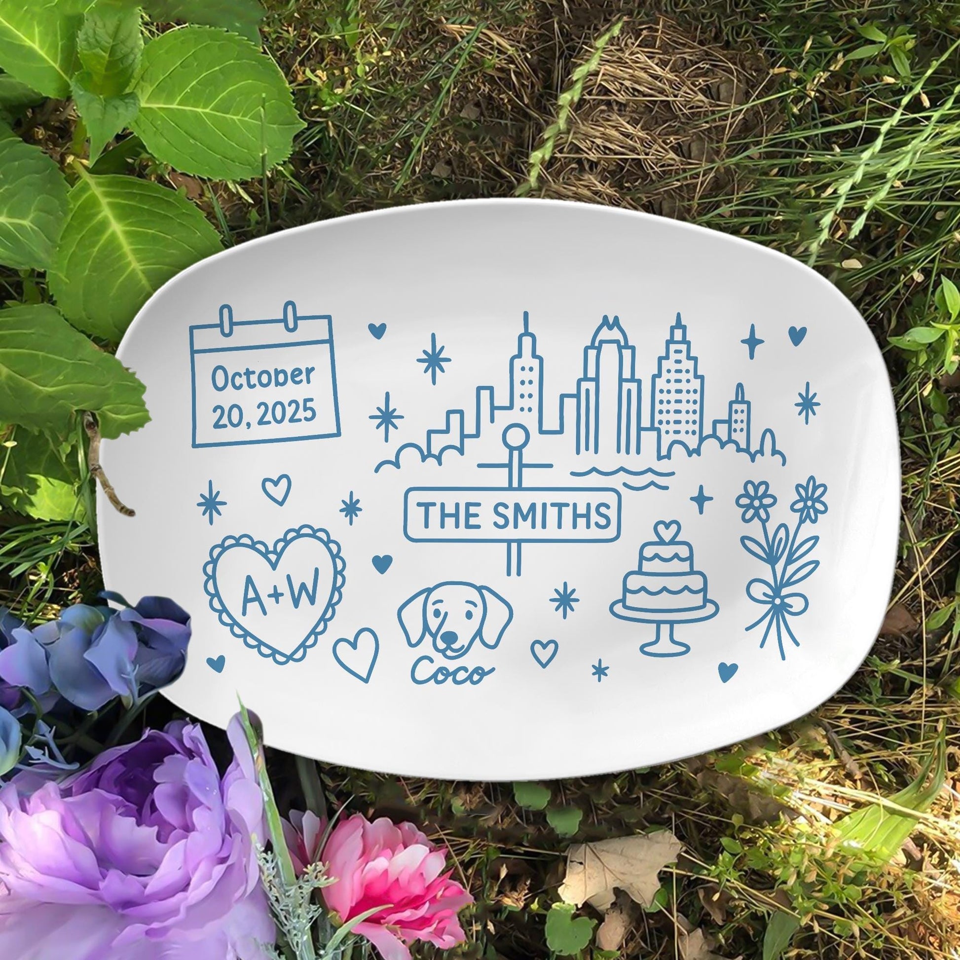 Custom City Skyline Wedding Platter, Personalized Couple Name & Dog Gift, Illustrated Anniversary Keepsake, Urban Love Decor