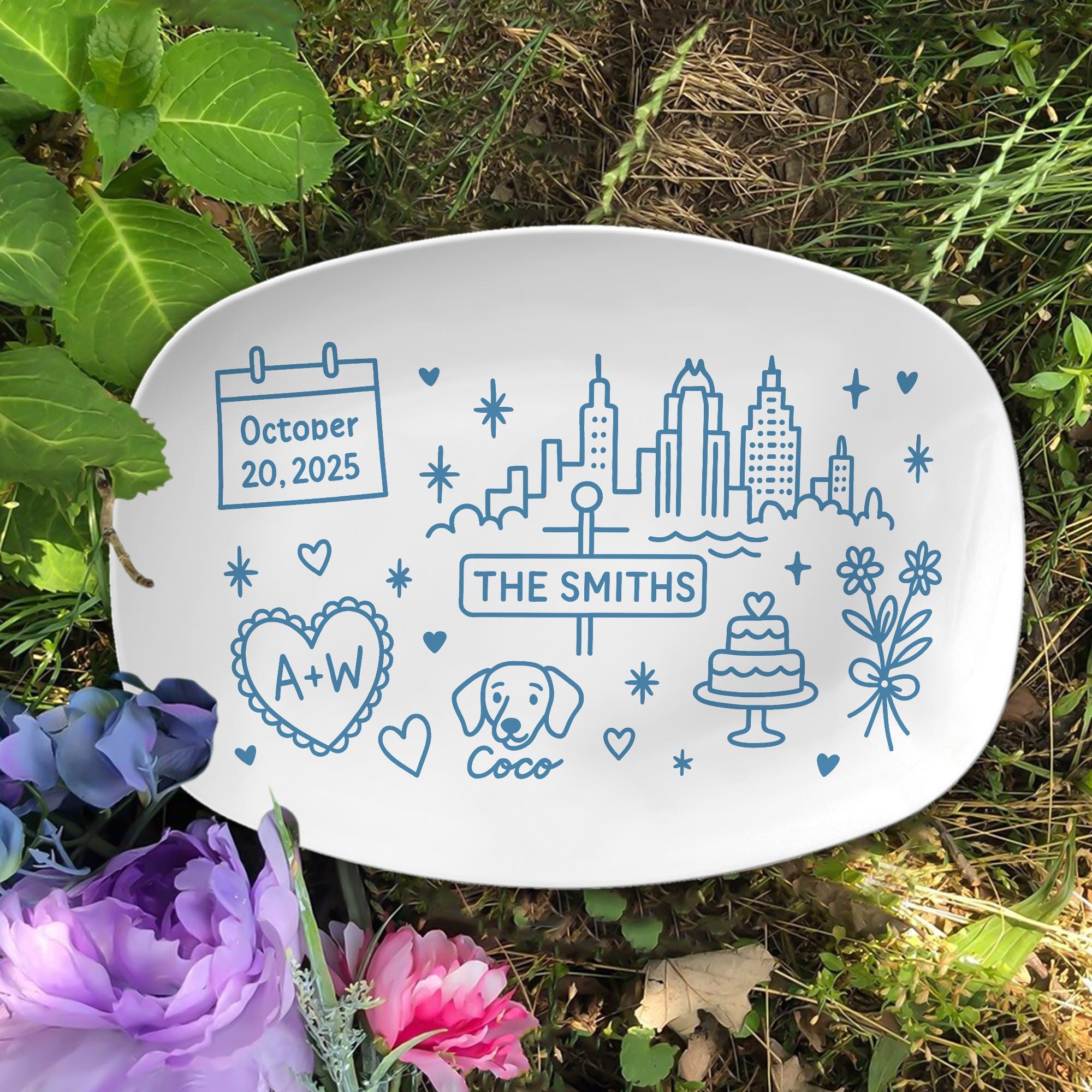 Custom City Skyline Wedding Platter, Personalized Couple Name & Dog Gift, Illustrated Anniversary Keepsake, Urban Love Decor