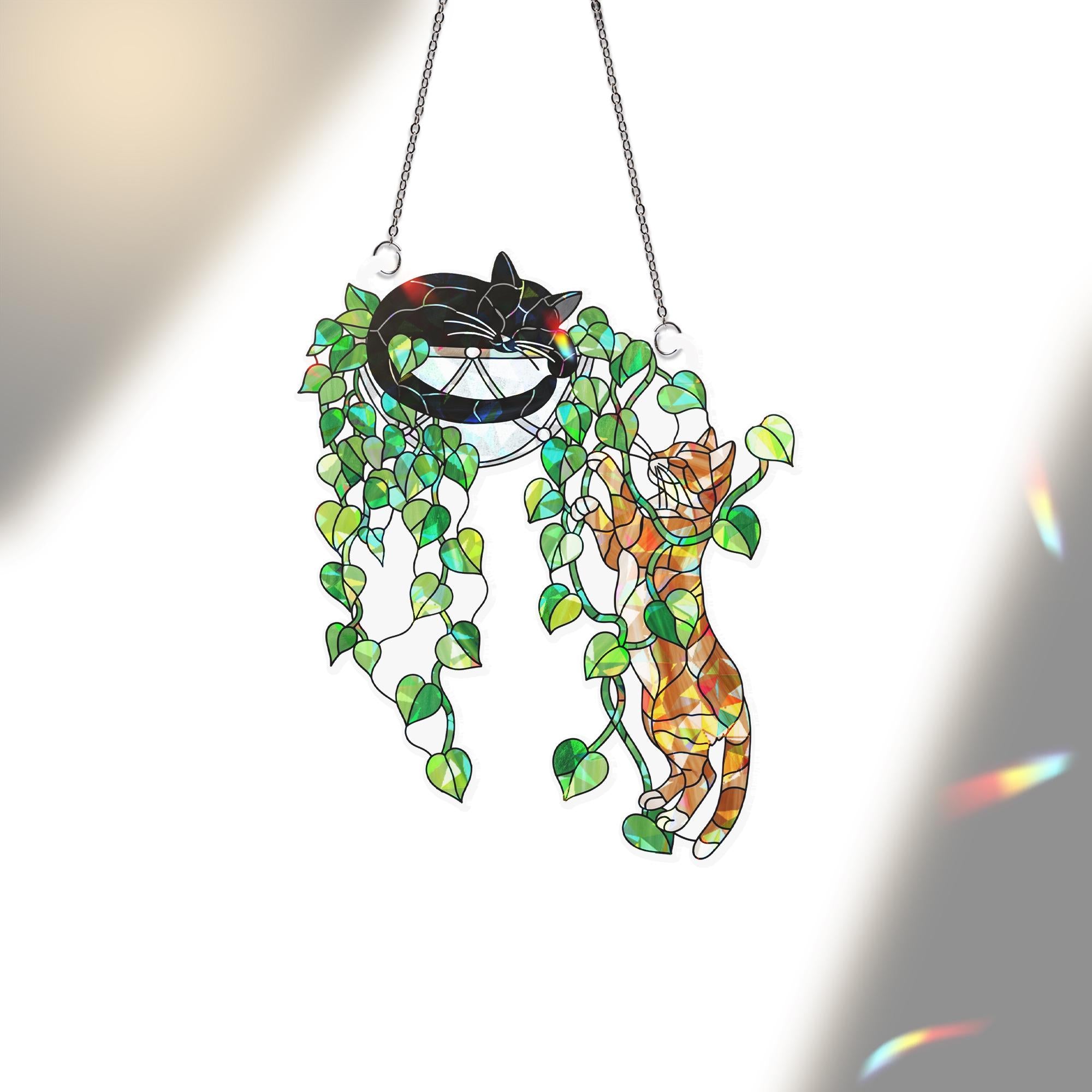 Climbing Cat & Sleeping Cat Hologram Ornament – Plant Cat Window Hanging, Cute Plant Decor for Cat Lovers, Funny Indoor Plant Art, Cat Plant