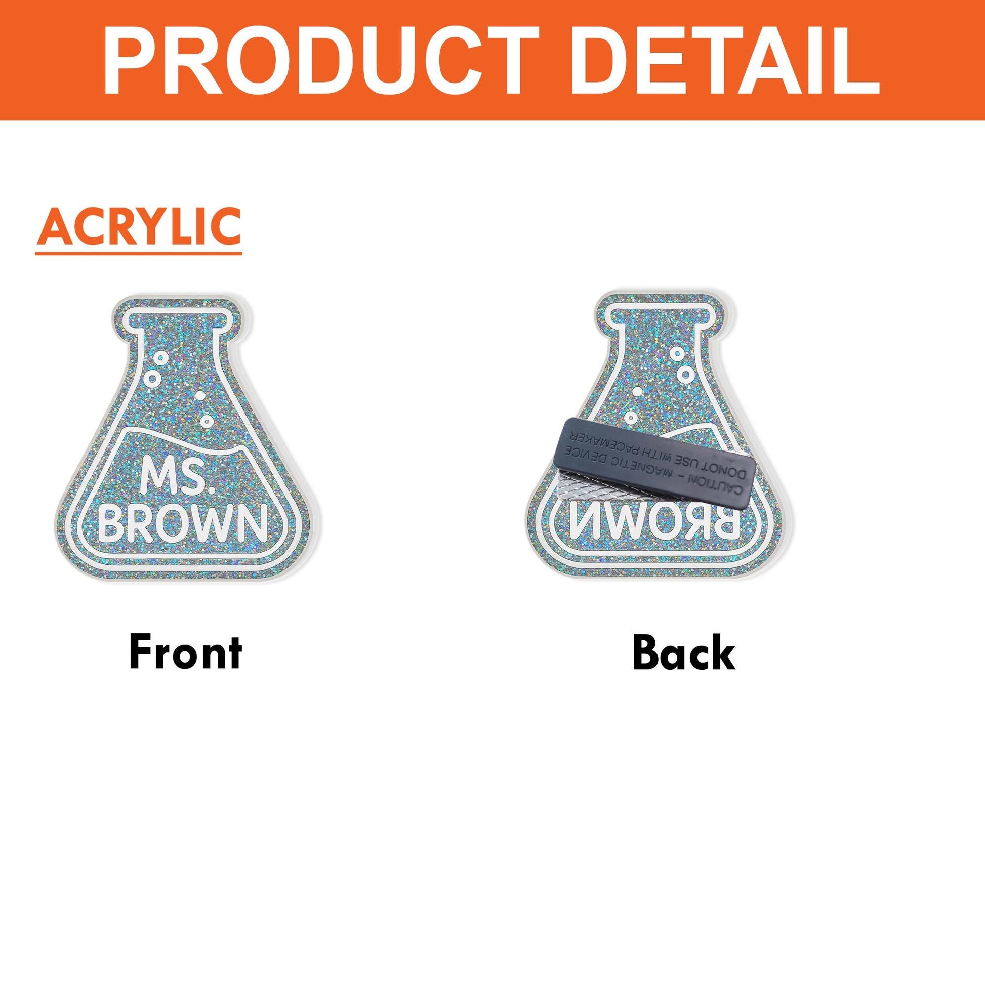 Personalized Science Teacher Name Tag – Glitter Acrylic Beaker Badge with Magnet Back, Custom Chemistry Lab ID for Educators, Back To School