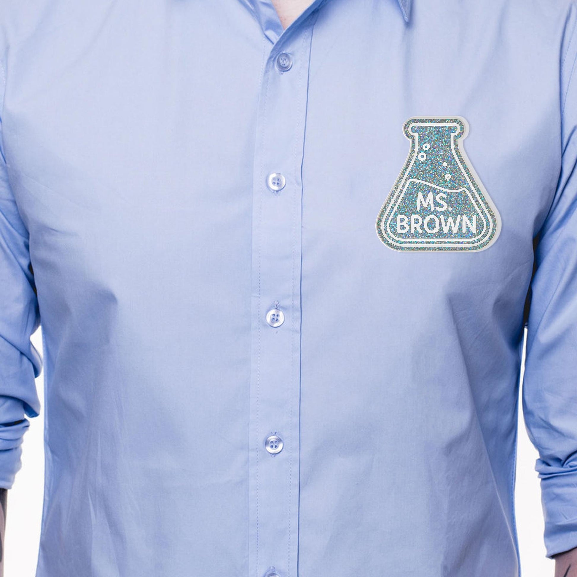 Personalized Science Teacher Name Tag – Glitter Acrylic Beaker Badge with Magnet Back, Custom Chemistry Lab ID for Educators, Back To School