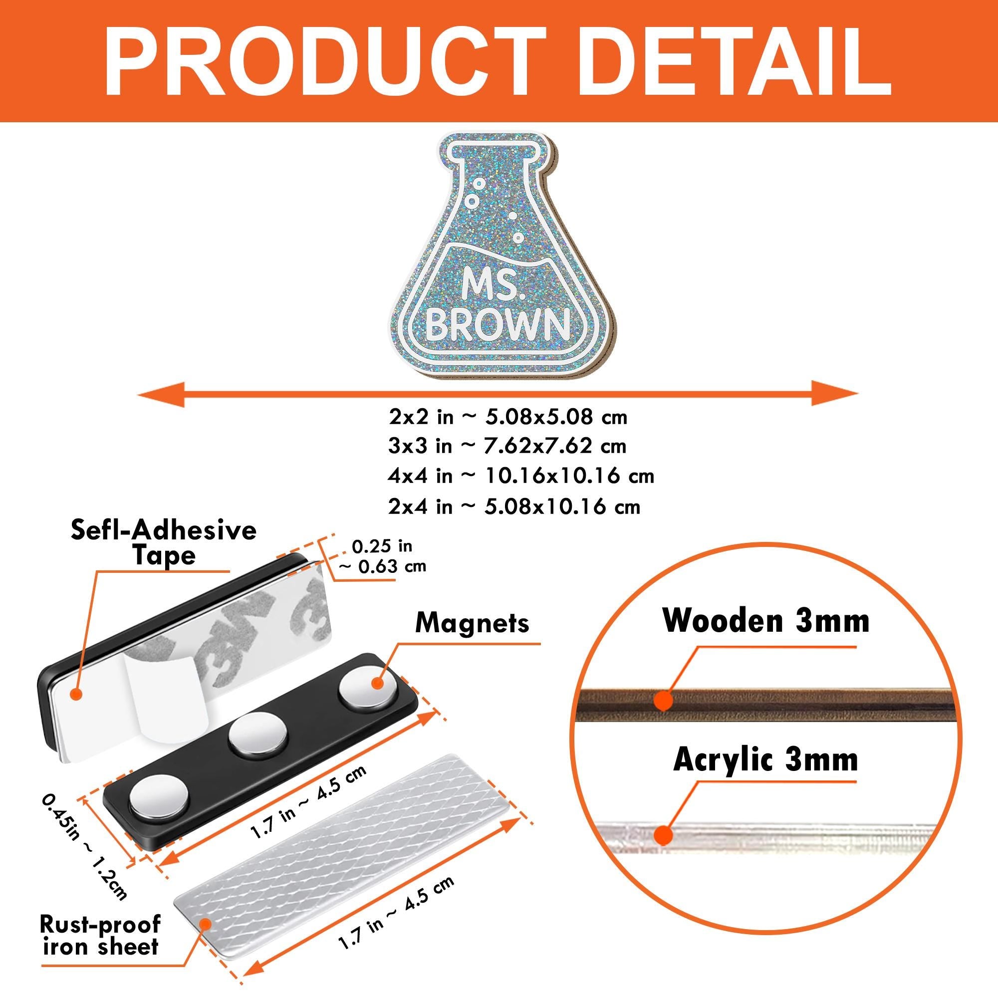 Personalized Science Teacher Name Tag – Glitter Acrylic Beaker Badge with Magnet Back, Custom Chemistry Lab ID for Educators, Back To School