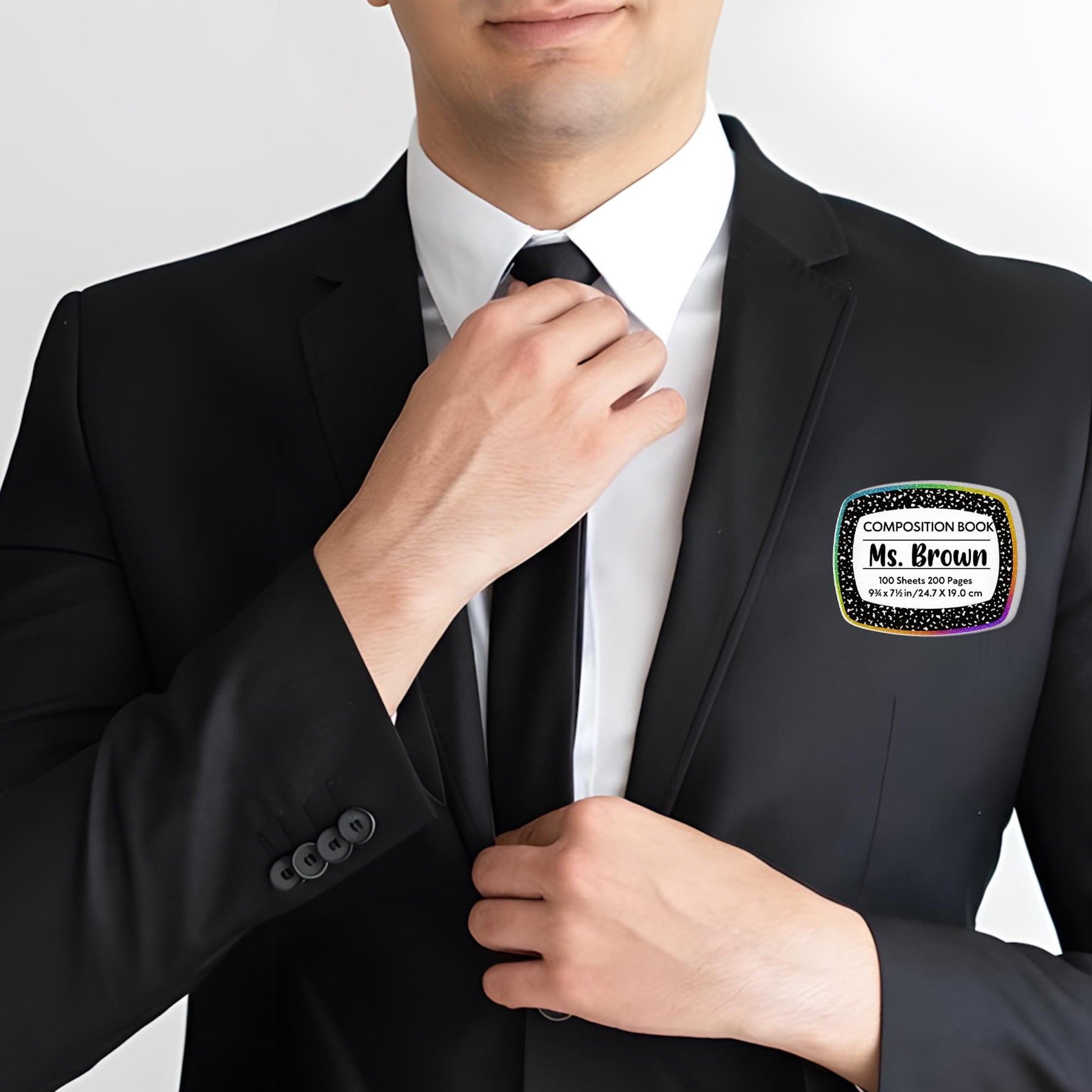 Personalized Composition Book Name Tag, Rainbow Glitter Acrylic Teacher Badge with Magnet, Back to School Classroom ID Sign, Teacher Tag