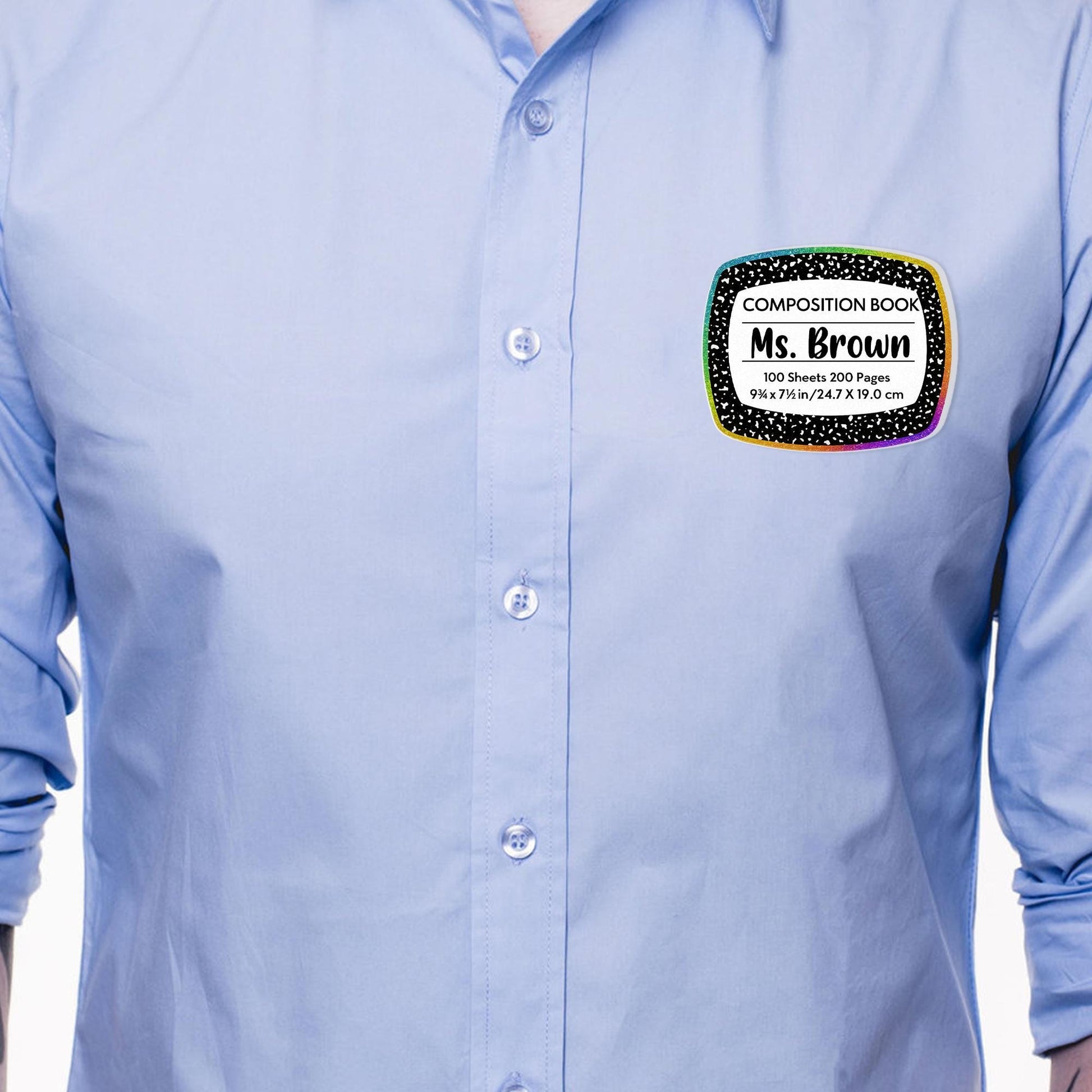 Personalized Composition Book Name Tag, Rainbow Glitter Acrylic Teacher Badge with Magnet, Back to School Classroom ID Sign, Teacher Tag