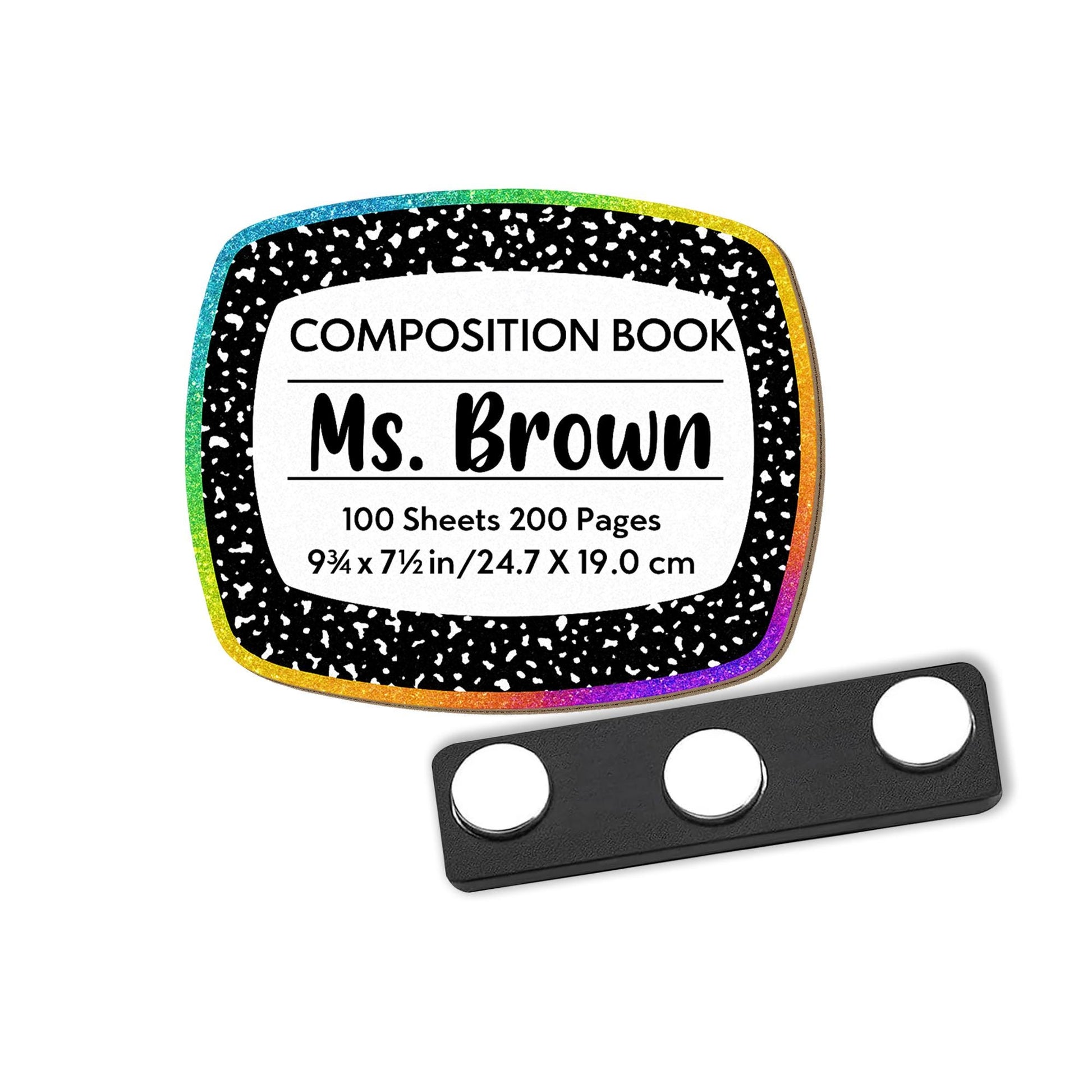 Personalized Composition Book Name Tag, Rainbow Glitter Acrylic Teacher Badge with Magnet, Back to School Classroom ID Sign, Teacher Tag