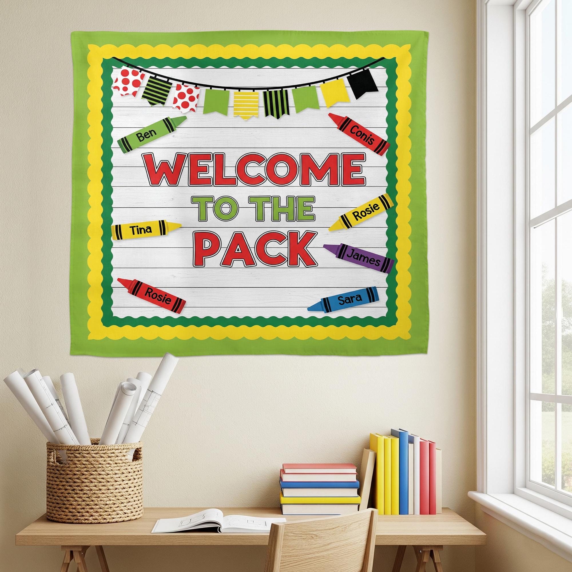 Welcome to the Pack Classroom Tapestry – Crayon Student Name Banner Wall Decor, Back to School Teacher Sign, Cute Bulletin Board Display