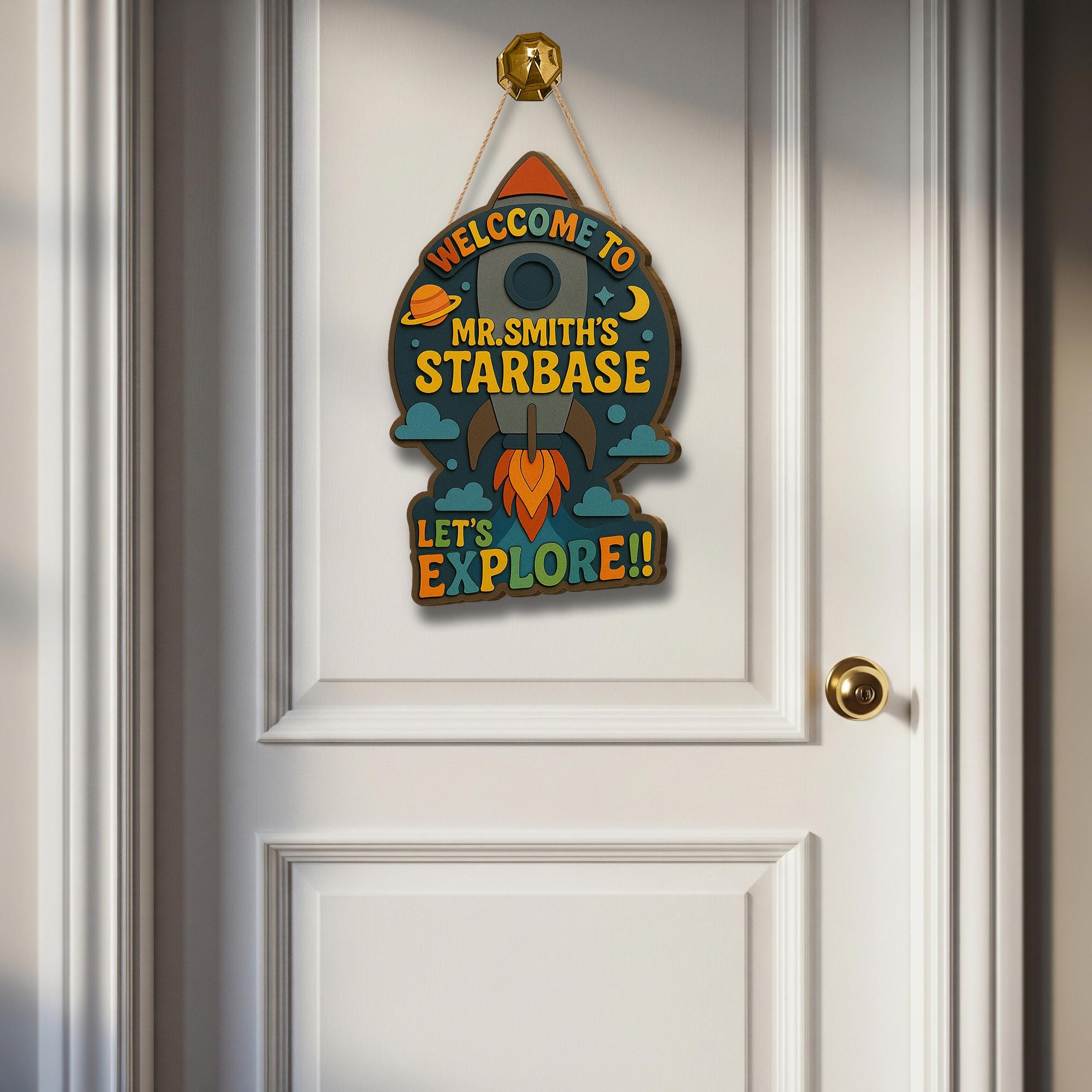 Custom Classroom Door Sign, Rocket Theme Back to School Sign, Teacher Name Sign, Outer Space Decor, Wooden Welcome Sign, Classroom Decor