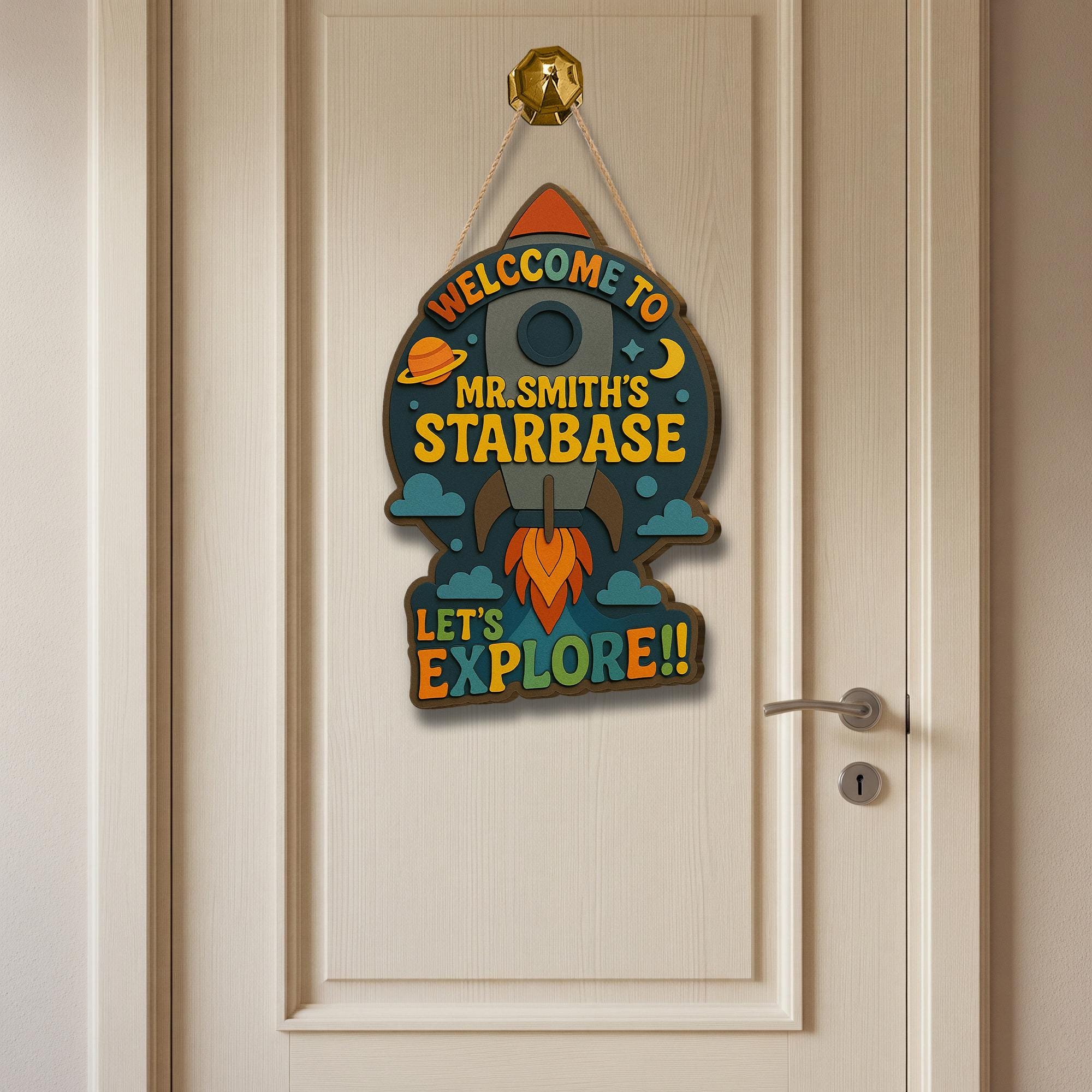 Custom Classroom Door Sign, Rocket Theme Back to School Sign, Teacher Name Sign, Outer Space Decor, Wooden Welcome Sign, Classroom Decor
