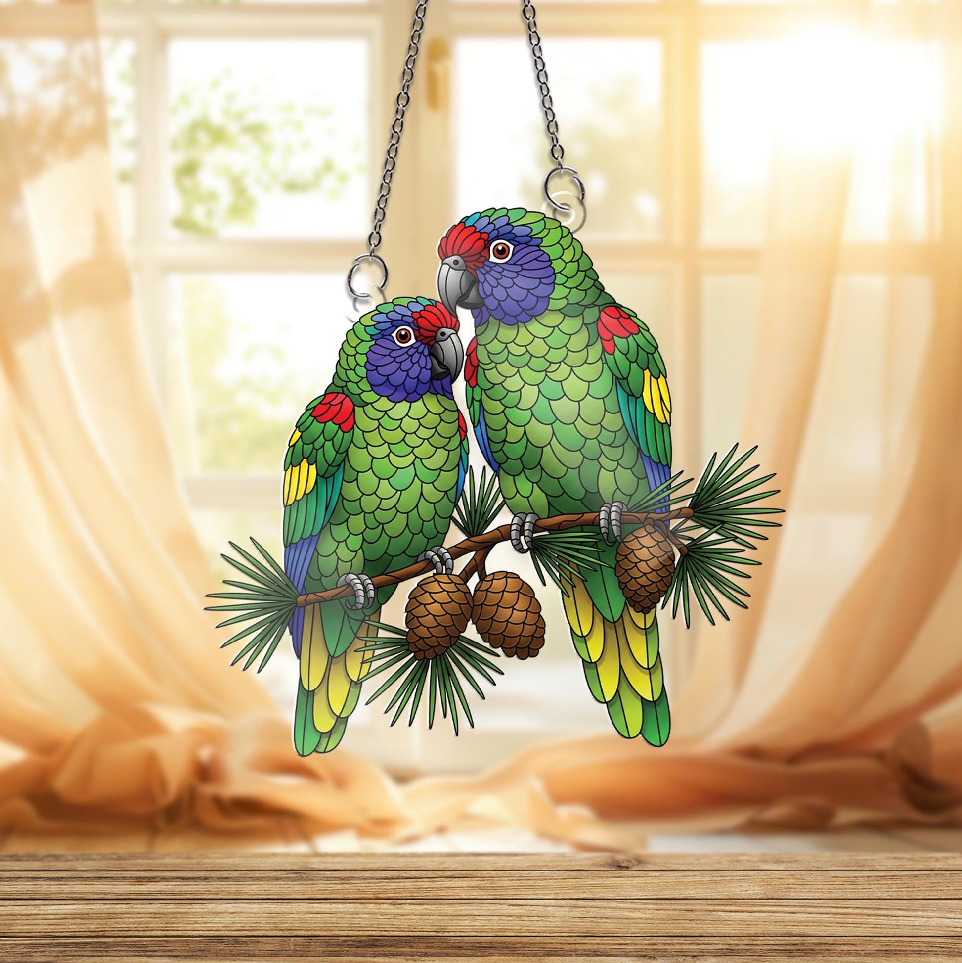 Colorful Parrot Couple Faux Stained Glass Window Hanging – Tropical Bird Suncatcher Home Decor – Vibrant Lovebirds Gift