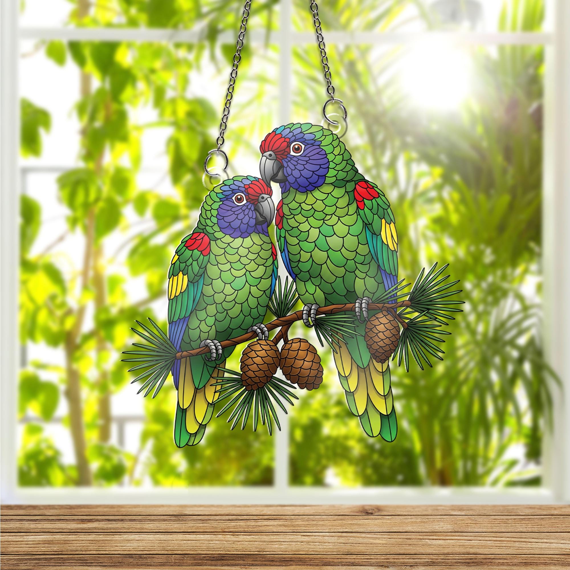 Colorful Parrot Couple Faux Stained Glass Window Hanging – Tropical Bird Suncatcher Home Decor – Vibrant Lovebirds Gift