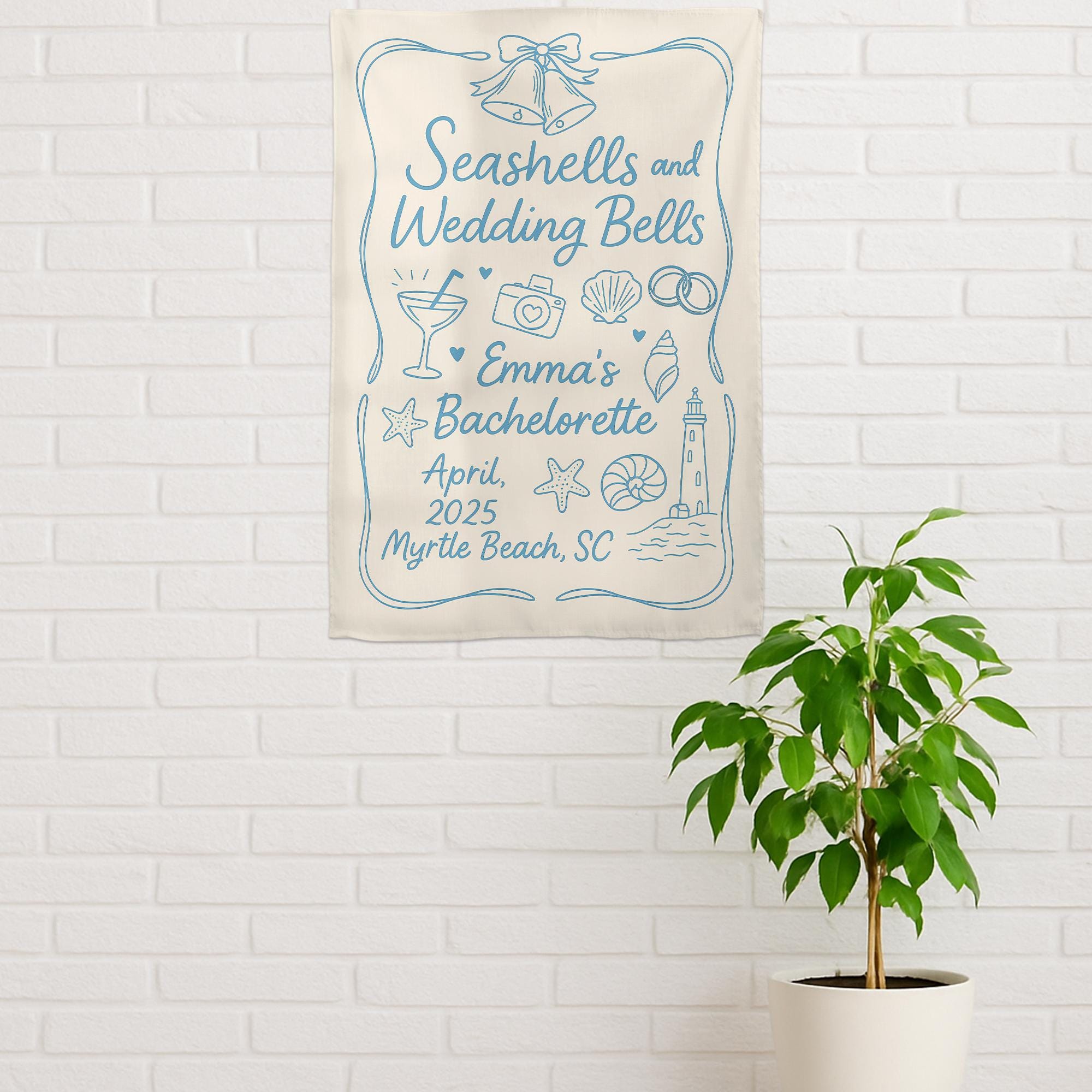 Custom Bachelorette Party Tapestry – Seashells and Wedding Bells Beach Banner – Personalized Bridal Shower Decor – Nautical Bach Party Sign