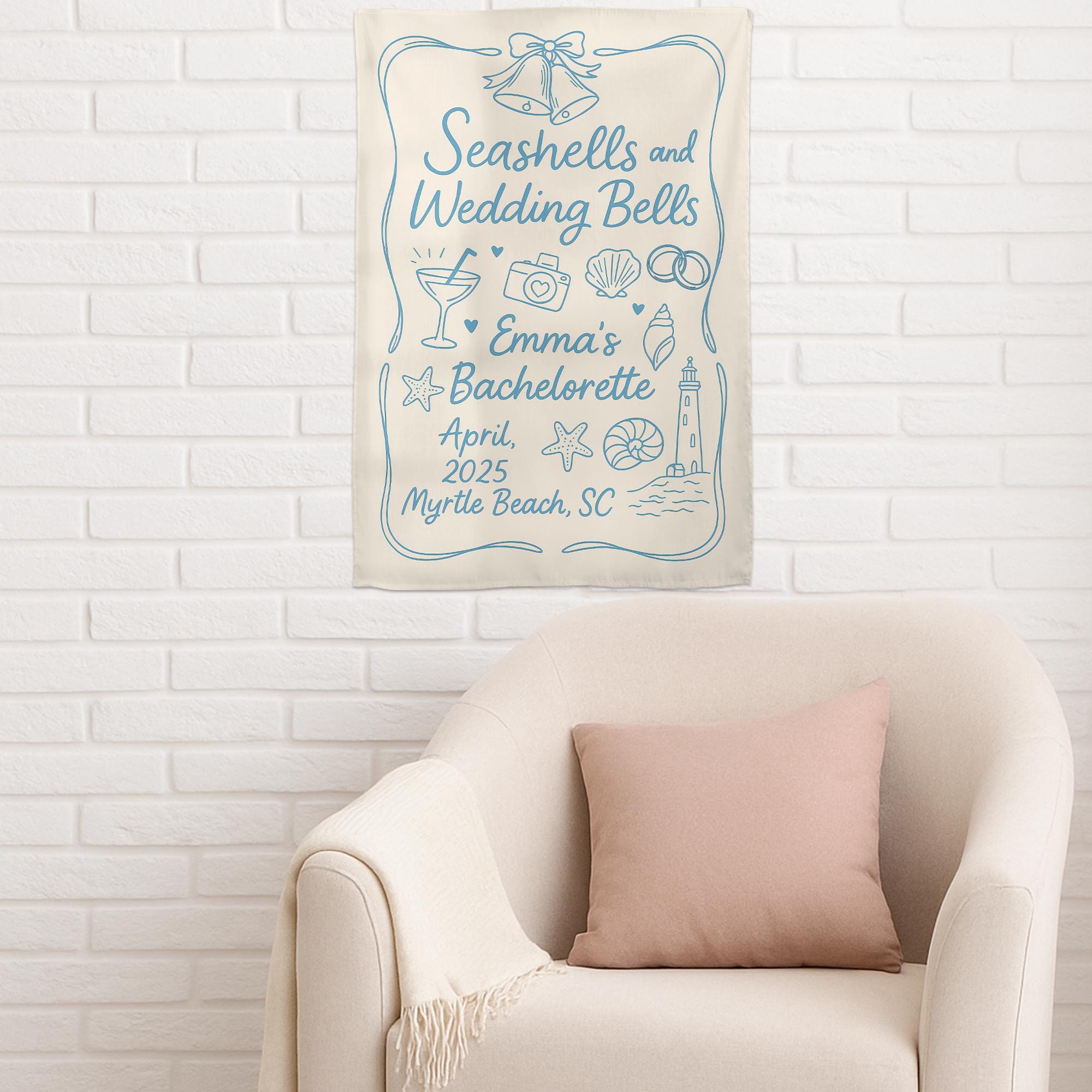 Custom Bachelorette Party Tapestry – Seashells and Wedding Bells Beach Banner – Personalized Bridal Shower Decor – Nautical Bach Party Sign